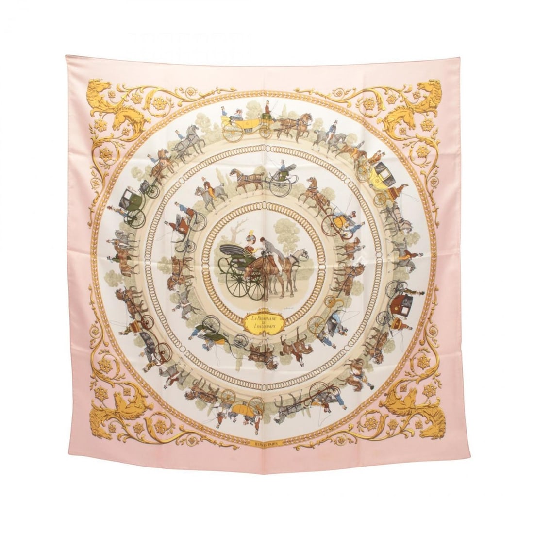 Hermes Carre 90 LA PROMENADE DE LONGCHAMPS Scarf/Muffler, Silk, Women's, Pink/Gold Multicolor: --- Catalog ---Category: SizeSize (LxW): 89cm x 89cm / 35.03'' x 35.03''Category: DesignType: ScarfColor: Gold, Multi-color, PinkGender: WomenMaterial: Silk Category: GeneralBrand: Hermes--- Item List
