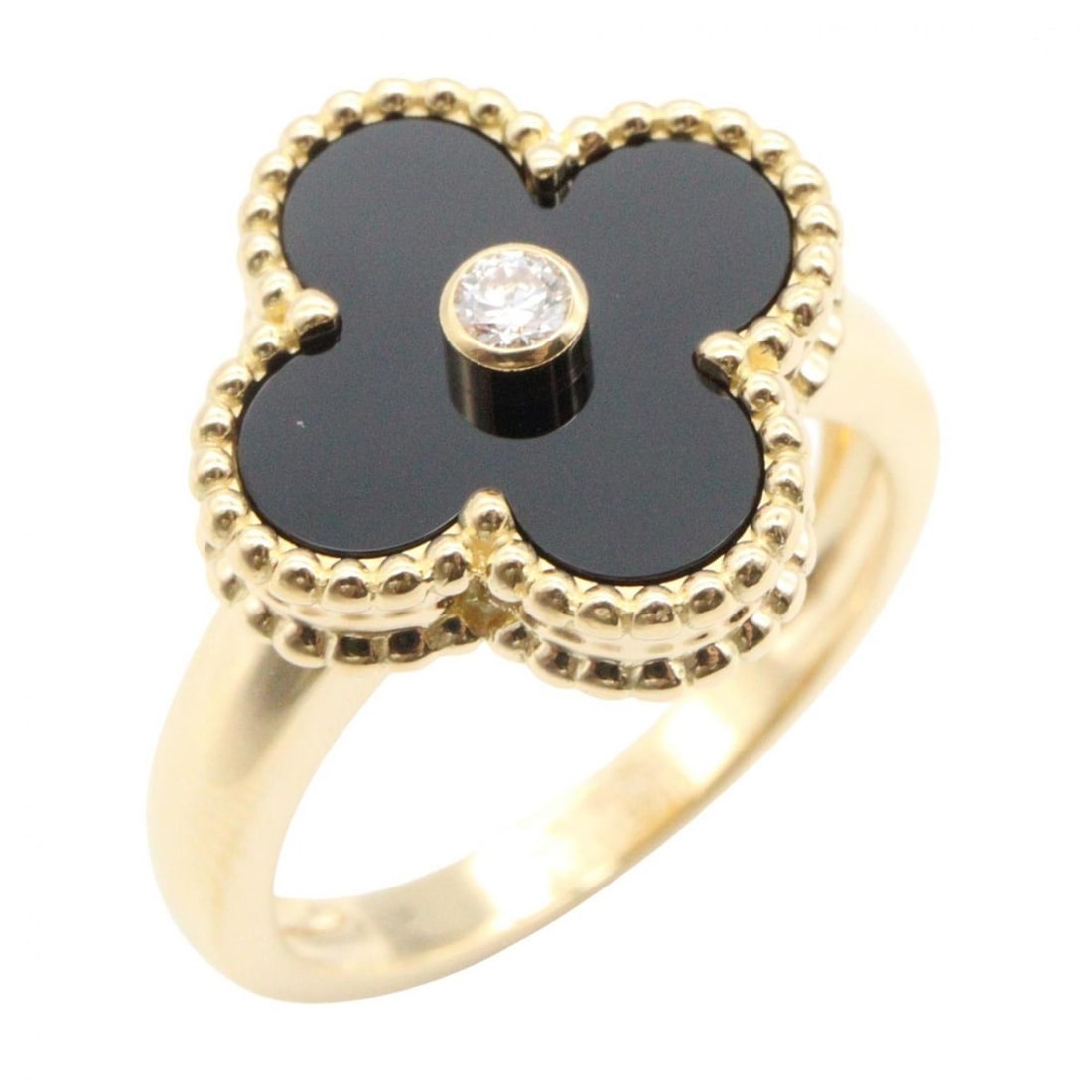 Van Cleef & Arpels Vintage Alhambra Onyx Ring 1PD Jewelry 18K (Yellow Gold) Diamond Women's Gold: --- Catalog ---Category: SizeUS Size: 6.5Brand Size: 52Category: DesignType: Band ringColor: Yellow goldStone: Diamond, OnyxGender: WomenMaterial: Yellow gold (18K)Stone Color: Black, ClearCategory: G