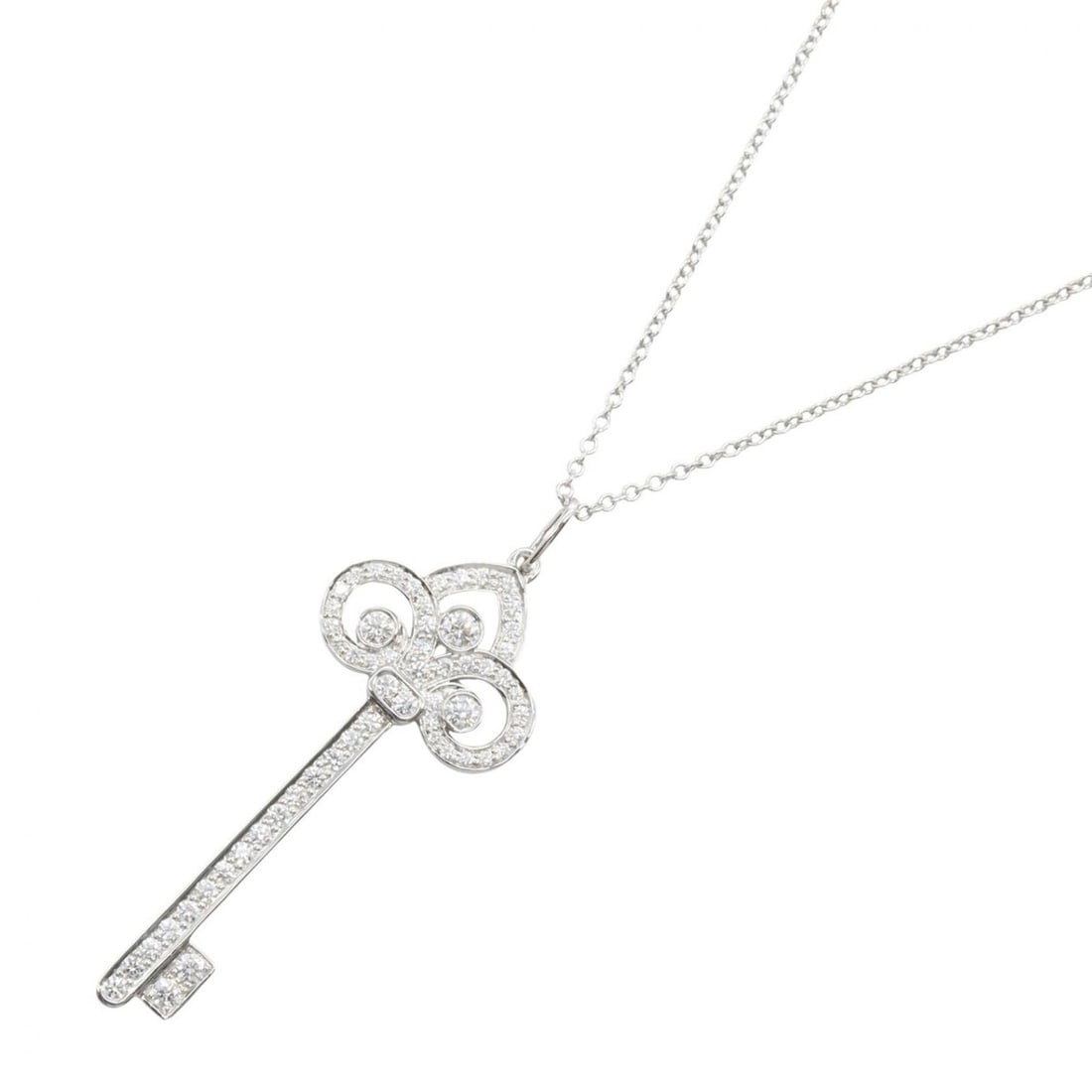 Tiffany & Co. Fleur-de-lis Key Pendant Diamond Necklace, Platinum 950, Silver Tone, Women's Jewelry,: --- Catalog ---Category: SizePendant Size: 15mm x 15mm / 0.59'' x 0.59''Neck Circumference: 46 cm / 18.11''Category: DesignColor: PlatinumStone: DiamondGender: WomenMaterial: Platinum 950Pendant