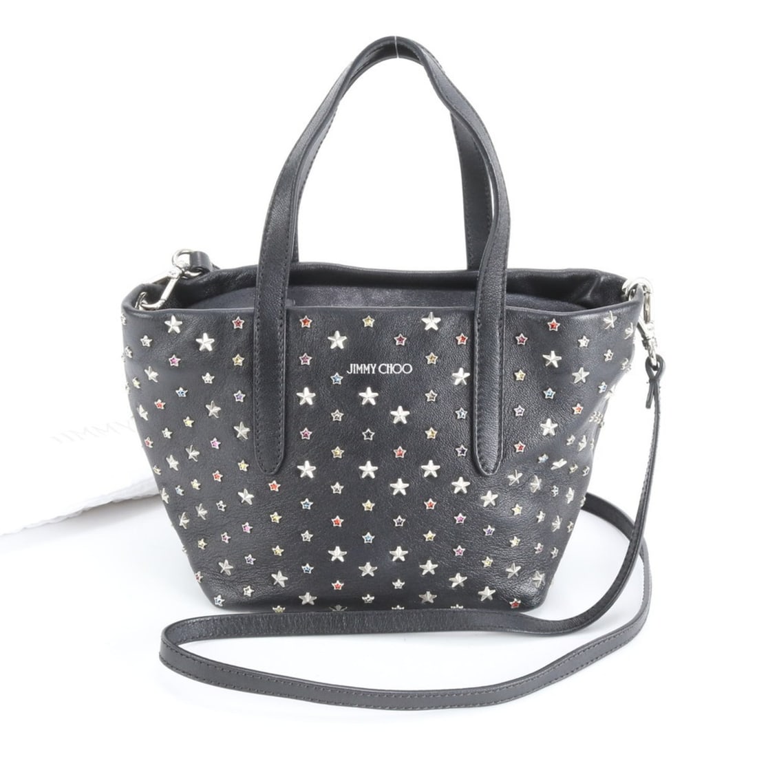 Jimmy Choo Mini Sarah Studded Star Leather Shoulder Bag Handbag Tote for Women: --- Catalog ---Category: SizeSize (HxWxD): 16cm x 16cm x 10cm / 6.29'' x 6.29'' x 3.93''Category: DesignType: Handbag, Shoulder bag, Tote bagColor: BlackGender: WomenMaterial: Leather Category: Genera