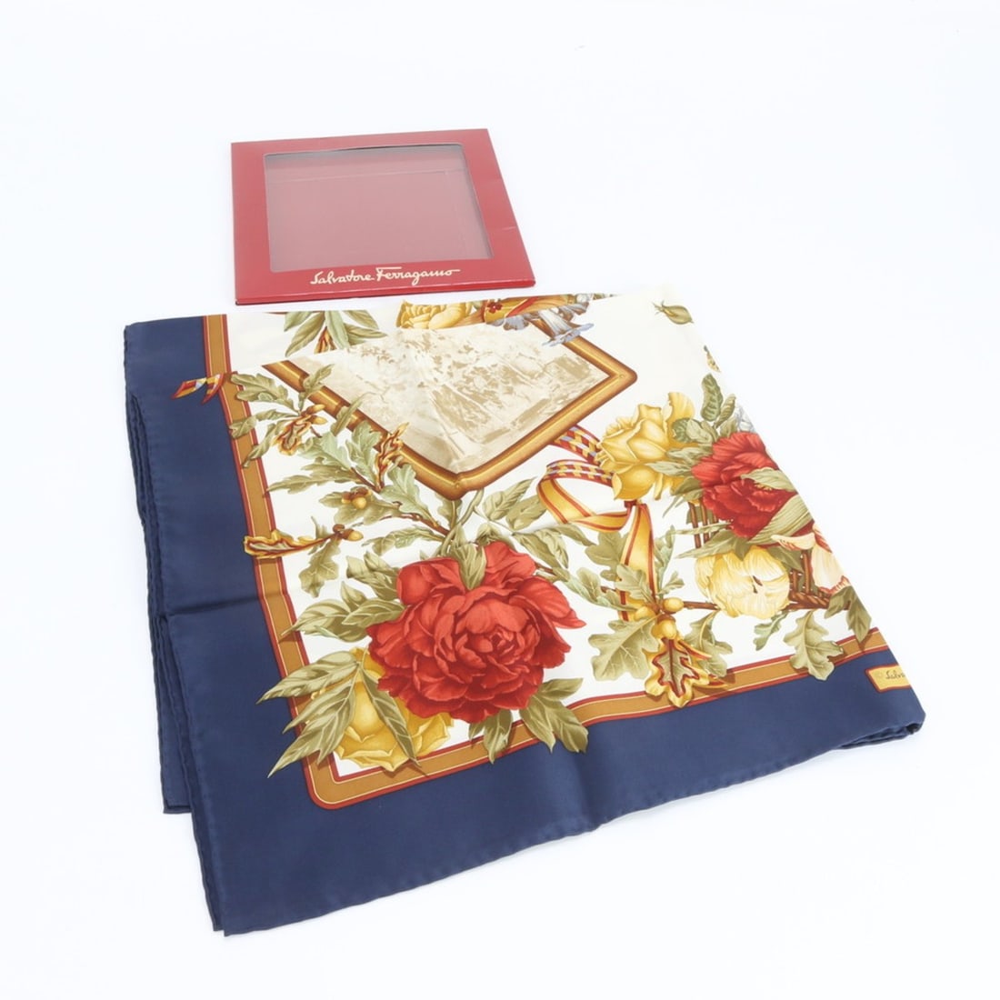 Salvatore Ferragamo Silk Floral Print Scarf/Muffler, Navy, Stole, Women's: --- Catalog ---Category: SizeSize (LxW): 86cm x 86cm / 33.85'' x 33.85''Category: DesignType: ScarfColor: NavyGender: WomenMaterial: Silk 100%Category: GeneralBrand: Salvatore FerragamoCountry of Orig