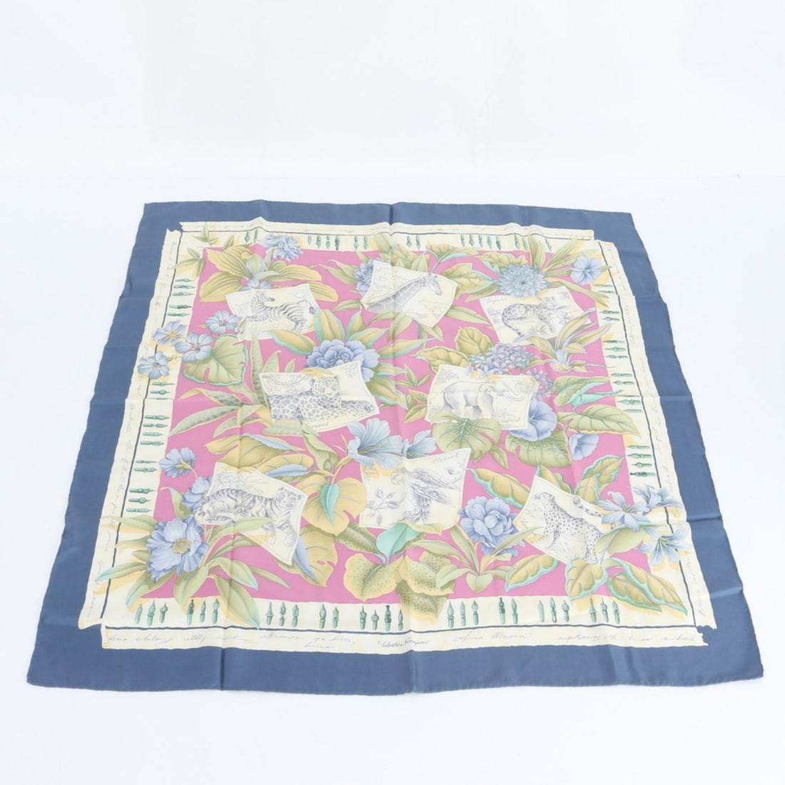 Salvatore Ferragamo Animal Flower Safari Print Scarf/Muffler/Stole for Women: --- Catalog ---Category: SizeSize (LxW): 86cm x 82cm / 33.85'' x 32.28''Category: DesignType: ScarfColor: Blue, Multi-colorGender: Women,MenCategory: GeneralBrand: Salvatore Ferragamo--- Item List ---