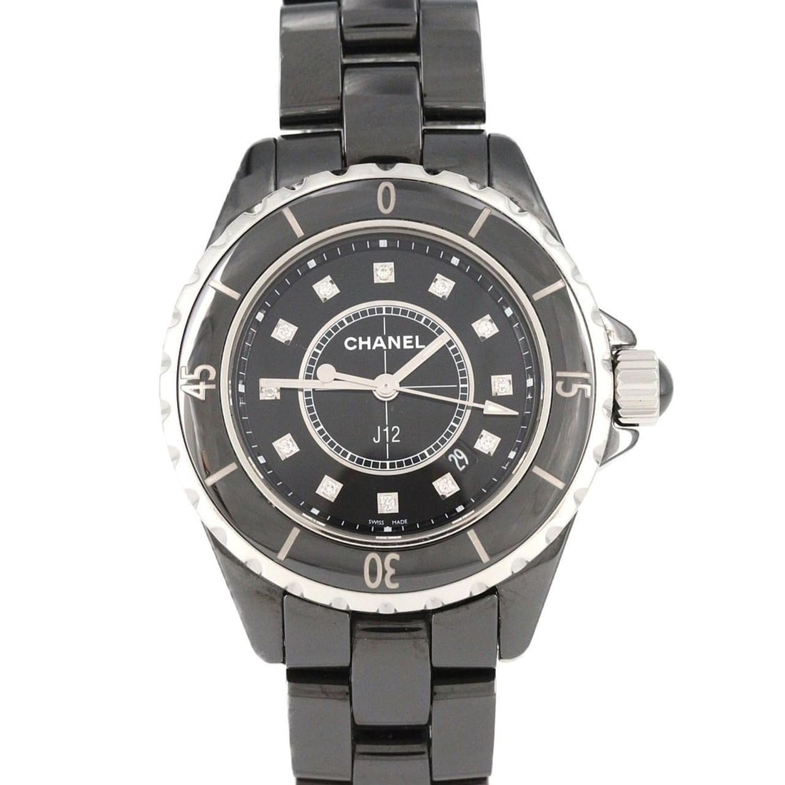 Chanel J12 33mm Ceramic 12P H1625 Quartz Watch: --- Catalog ---Category: SizeWrist Size: 14.5cm / 5.7''Case Diameter: 33mm / 1.3''Category: DesignType: WristwatchGender: WomenColor (Dial): BlackMaterial (Band): CeramicMaterial (Case): CeramicCatego