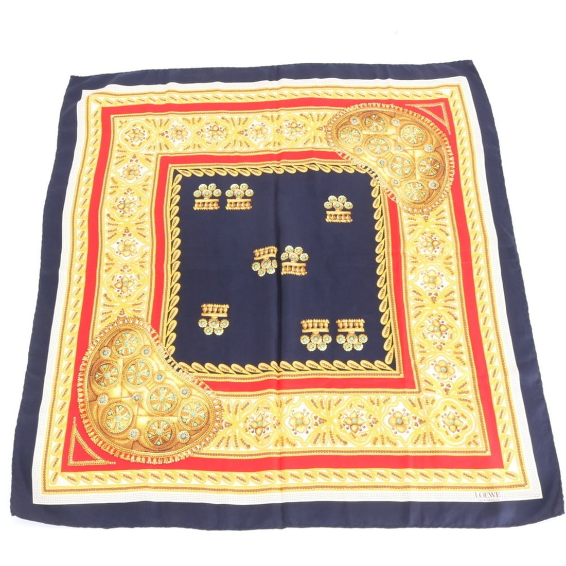 Loewe Tauromaquia Scarf/Muffler/Stole, Large Size, Women's: --- Catalog ---Category: SizeSize (LxW): 87cm x 84cm / 34.25'' x 33.07''Category: DesignType: ScarfColor: Gold, Navy, Red colorGender: WomenCategory: GeneralBrand: Loewe--- Item List ---Section: Condi