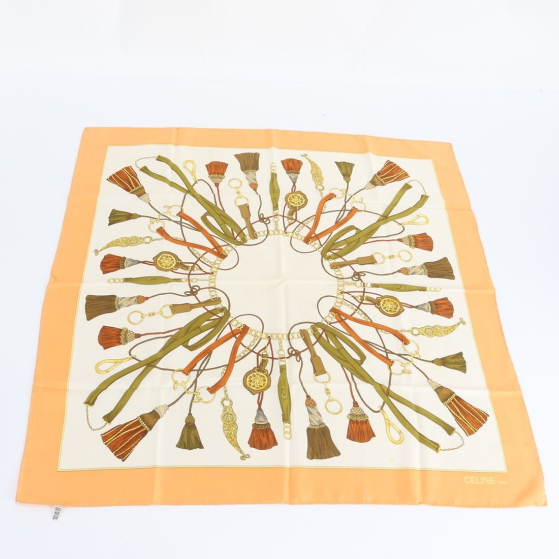 Celine Silk Tassel Pattern Scarf/Muffler/Stole - Brand Name Women's: --- Catalog ---Category: SizeSize (LxW): 82cm x 86cm / 32.28'' x 33.85''Category: DesignType: ScarfColor: Beige, OrangeGender: WomenMaterial: Silk Category: GeneralBrand: CelineCountry of Origin: Fran