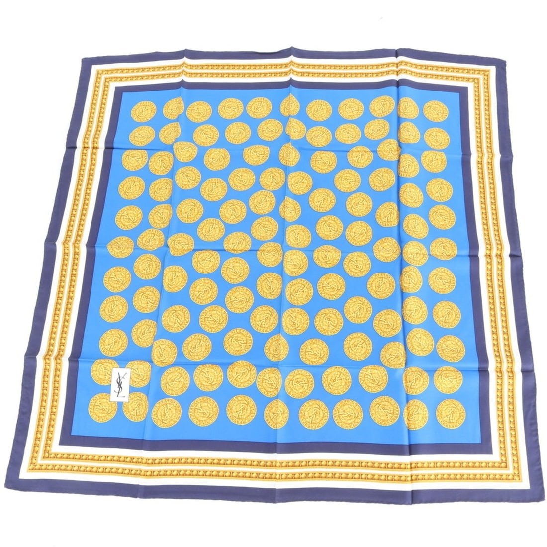 Yves Saint Laurent YSL Silk Coin Pattern Scarf/Muffler - Fashion for Women: --- Catalog ---Category: SizeSize (LxW): 88cm x 88cm / 34.64'' x 34.64''Category: DesignType: ScarfColor: Blue, Gold, NavyGender: WomenMaterial: Silk Category: GeneralBrand: Yves Saint LaurentCountry