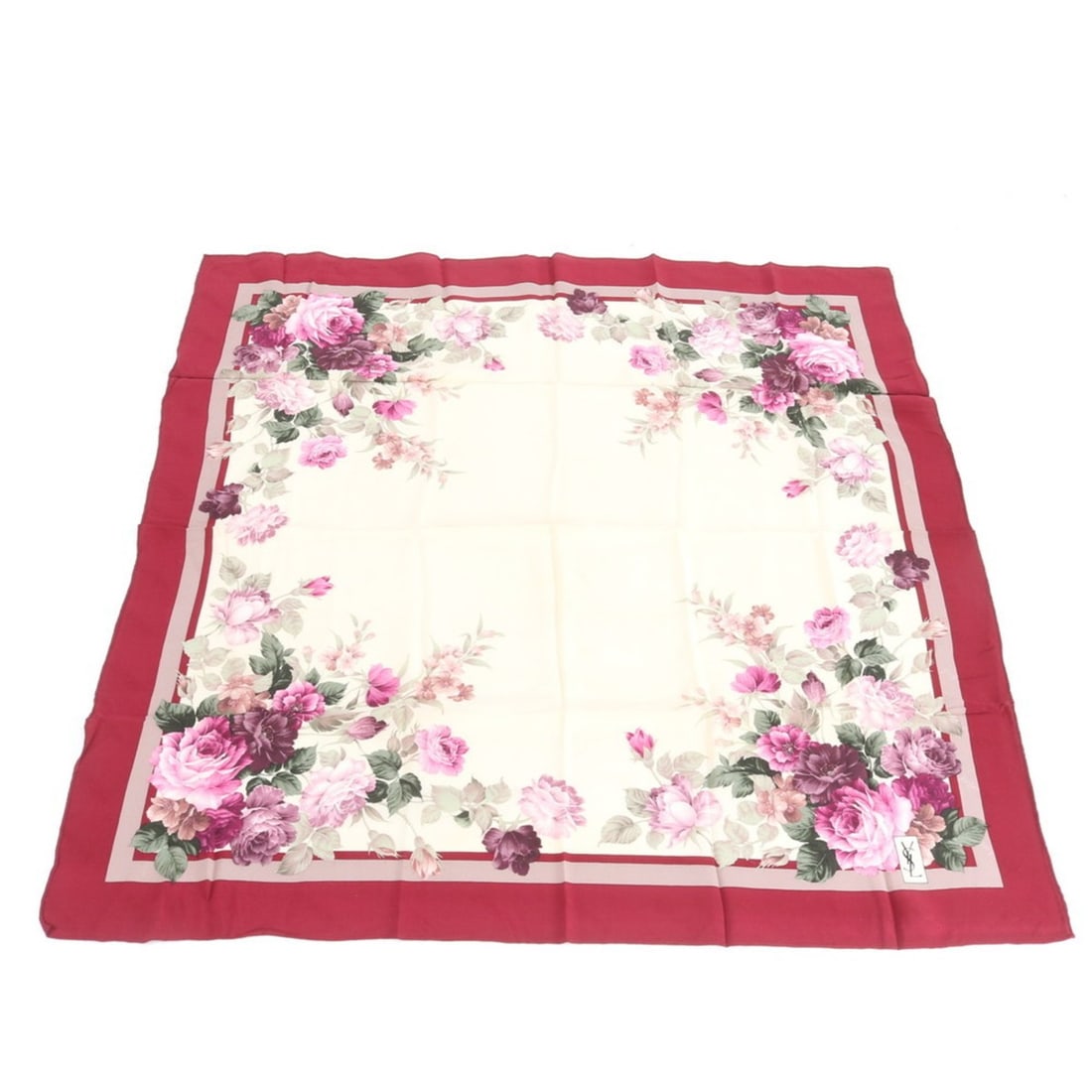Yves Saint Laurent (YSL) Silk Scarf/Muffler, Floral Pattern, Women's Stole: --- Catalog ---Category: SizeSize (LxW): 82cm x 84cm / 32.28'' x 33.07''Category: DesignType: ScarfColor: BordeauxGender: WomenMaterial: Silk Category: GeneralBrand: Yves Saint Laurent--- Item List