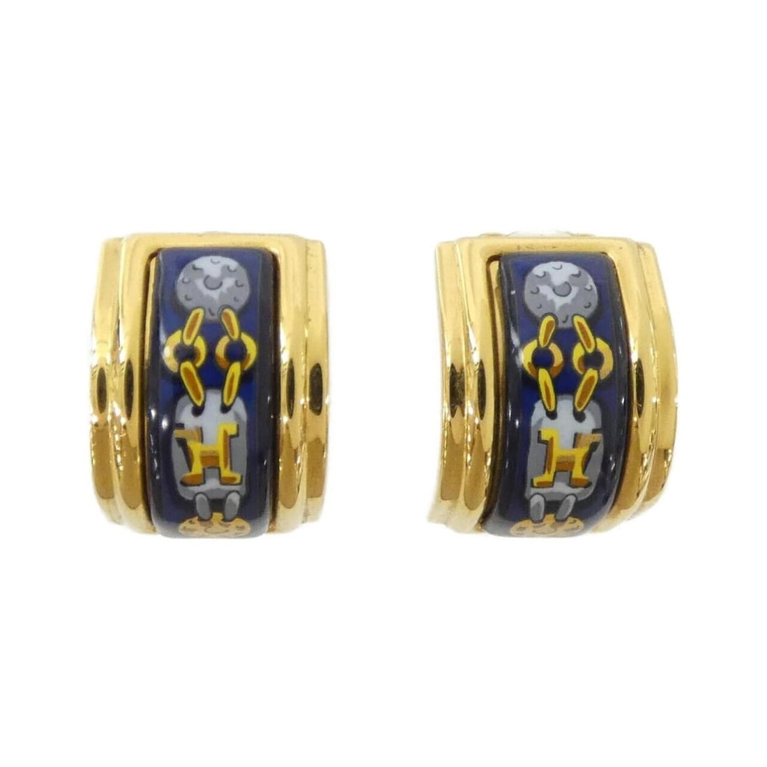 Hermes earrings: --- Catalog ---Category: SizeSize (HxWxD): 20.00mm x 14.00mm / 0.79'' x 0.55''Category: DesignType: Clip earringsColor: Blue, GoldGender: WomenCategory: GeneralBrand: Hermes--- Item List ---Section: C
