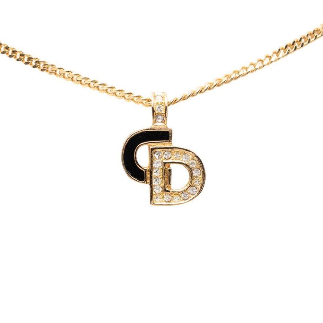 Christian Dior Dior CD Logo Rhinestone Necklace, Gold, Black Plated, Enamel, Women's. (1 of 20)