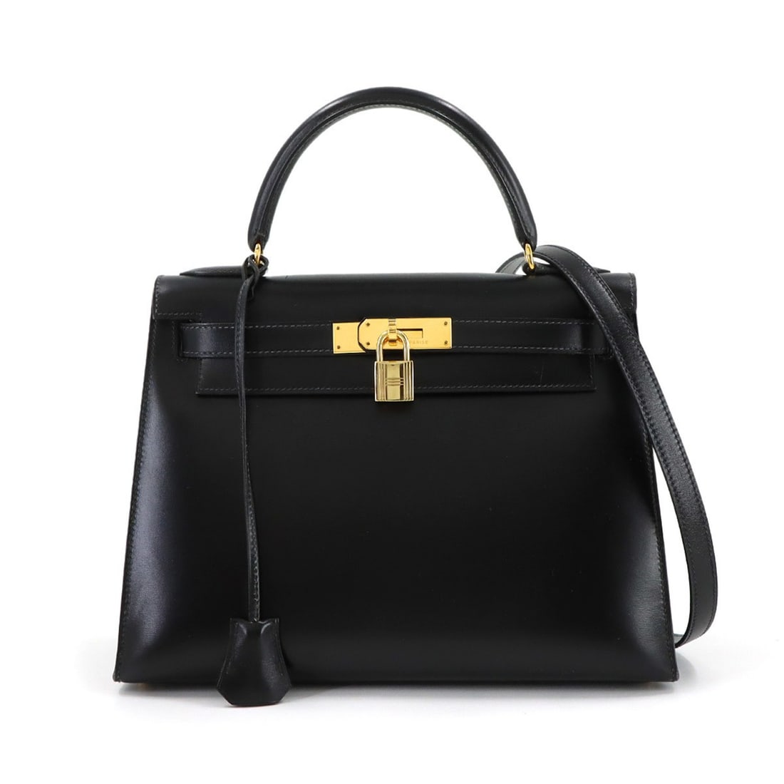 Hermes Kelly 28 Box Calf Black, External Stitching, 2-way Handbag/Shoulder Bag, ?W Stamp, 1993,: --- Catalog ---Category: SizeSize (HxWxD): 21cm x 29cm x 11.5cm / 8.26'' x 11.41'' x 4.52''Category: DesignType: HandbagColor: BlackGender: WomenMaterial: Box calf leather Category: GeneralBrand: Herm
