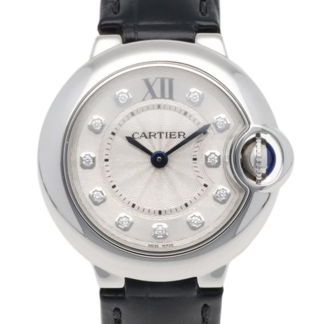 Cartier Ballon Bleu Wristwatch, Stainless Steel 3009 Quartz Ladies' Watch, Used, 11 Diamonds: --- Catalog ---Category: SizeWrist Size: 13.5cm / 5.31''Case Diameter: 28mm / 1.1''Category: DesignType: WristwatchGender: WomenMaterial (Band): Stainless steelMaterial (Case): Stainless steelCategory