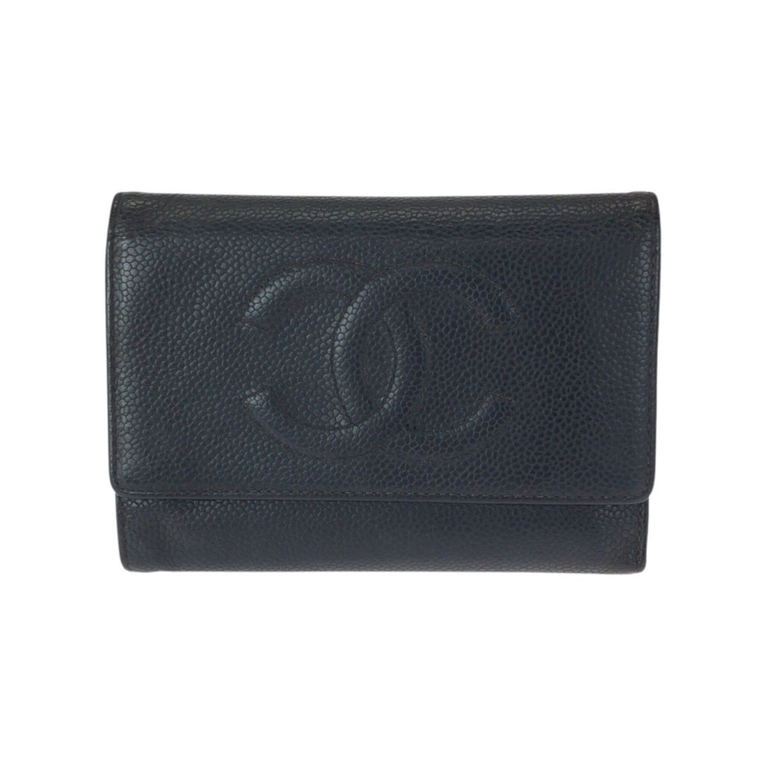 CHANEL Vintage Coco Mark Black Gold Hardware Caviar Leather Folding Wallet Compact for Women: --- Catalog ---Category: SizeSize (HxWxD): 11cm x 15cm x 2cm / 4.33'' x 5.9'' x 0.78''Category: DesignType: Wallet (tri-fold)Color: BlackGender: WomenSeason: VintageMaterial: Grained Calfskin Category