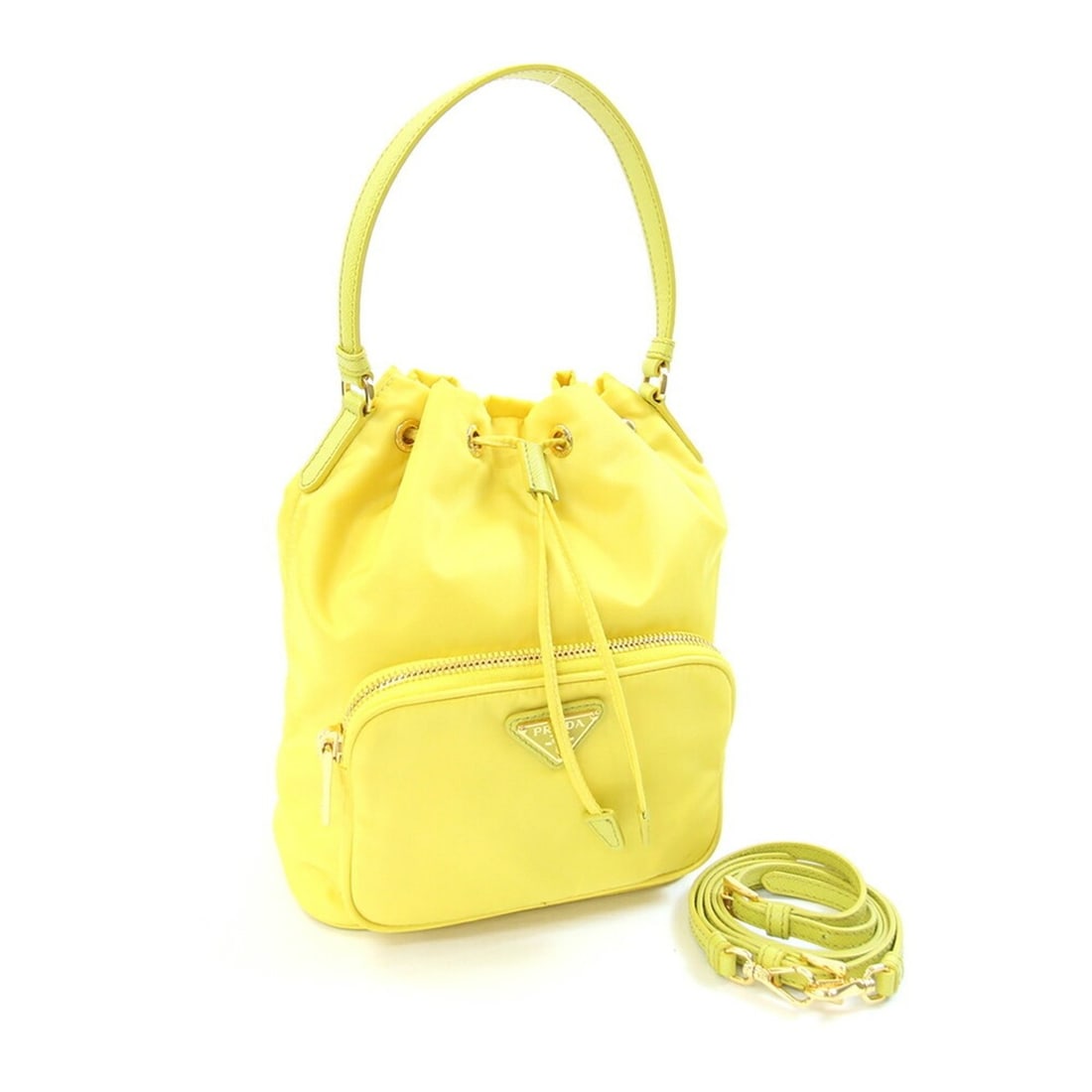 Prada Duetto Handbag 1BH038 Yellow Nylon Leather Bucket Bag Shoulder Pouch Re-Nylon Women's PRADA: --- Catalog ---Category: SizeSize (HxWxD): 22cm x 17.5cm x 11cm / 8.66'' x 6.88'' x 4.33''Category: DesignType: Handbag, PochetteColor: Lemon yellow, YellowGender: WomenMaterial: Nylon , Leather