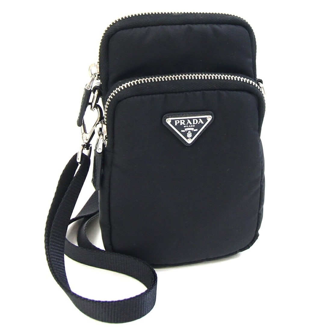 Prada Shoulder Bag 2TZ024 Black Nylon Leather Pouch Smartphone Case for Women and Men PRADA: --- Catalog ---Category: SizeSize (HxWxD): 16.5cm x 10.5cm x 2cm / 6.49'' x 4.13'' x 0.78''Category: DesignType: Pochette, Shoulder bagColor: BlackGender: Men,WomenMaterial: Nylon , Leather Category: