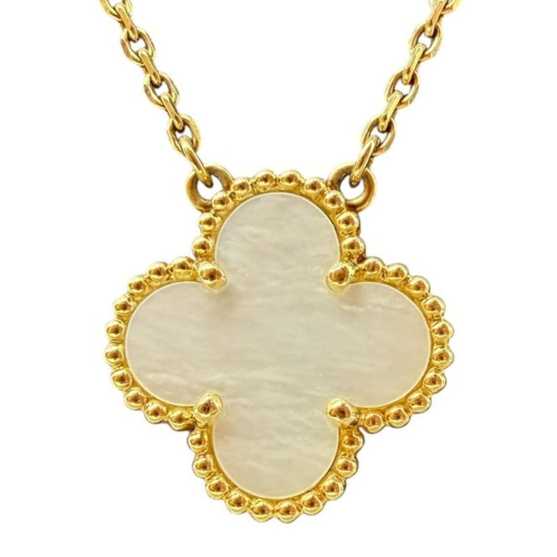 Van Cleef & Arpels Alhambra Necklace 18K Yellow Gold VCARA45900 White Shell Clover Pendant for Women: --- Catalog ---Category: SizePendant Size: 15mm x 15mm / 0.59'' x 0.59''Neck Circumference: 37 cm - 42 cm / 14.56'' - 16.53''Category: DesignColor: White, Yellow goldGender: WomenMaterial: Mother of p