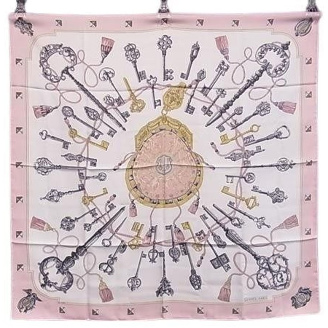 HERMES scarf/muffler, Carre 90, multicolor silk, women's, LES CLES key pattern.: --- Catalog ---Category: SizeSize (LxW): 88cm x 89.6cm / 34.64'' x 35.27''Category: DesignType: ScarfColor: Multi-colorGender: WomenMaterial: Silk 100%Category: GeneralBrand: HermesCountry of Origin:
