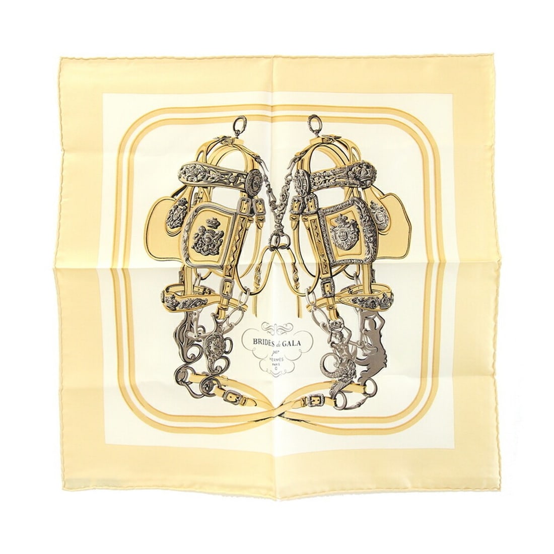 Hermes Scarf/Muffler, Carre 42 BRID de GALA (Ceremonial Bridle), Cream Beige/Off-White, 100% Silk,: --- Catalog ---Category: SizeSize (LxW): 42cm x 42cm / 16.53'' x 16.53''Category: DesignType: ScarfColor: Cream, Off-whiteGender: WomenMaterial: Silk Category: GeneralBrand: HermesCountry of Origin: F