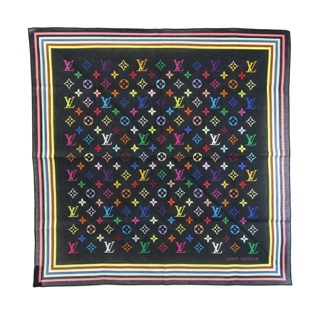 Louis Vuitton Monogram Multicolor Scarf M71912 Black 100% Cotton (Also available as a handkerchief: --- Catalog ---Category: SizeSize (LxW): 54cm x 54cm / 21.25'' x 21.25''Category: DesignType: ScarfColor: Black, Monogram, Multi-colorGender: WomenMaterial: Cotton Category: GeneralMPN: M71912Brand: L