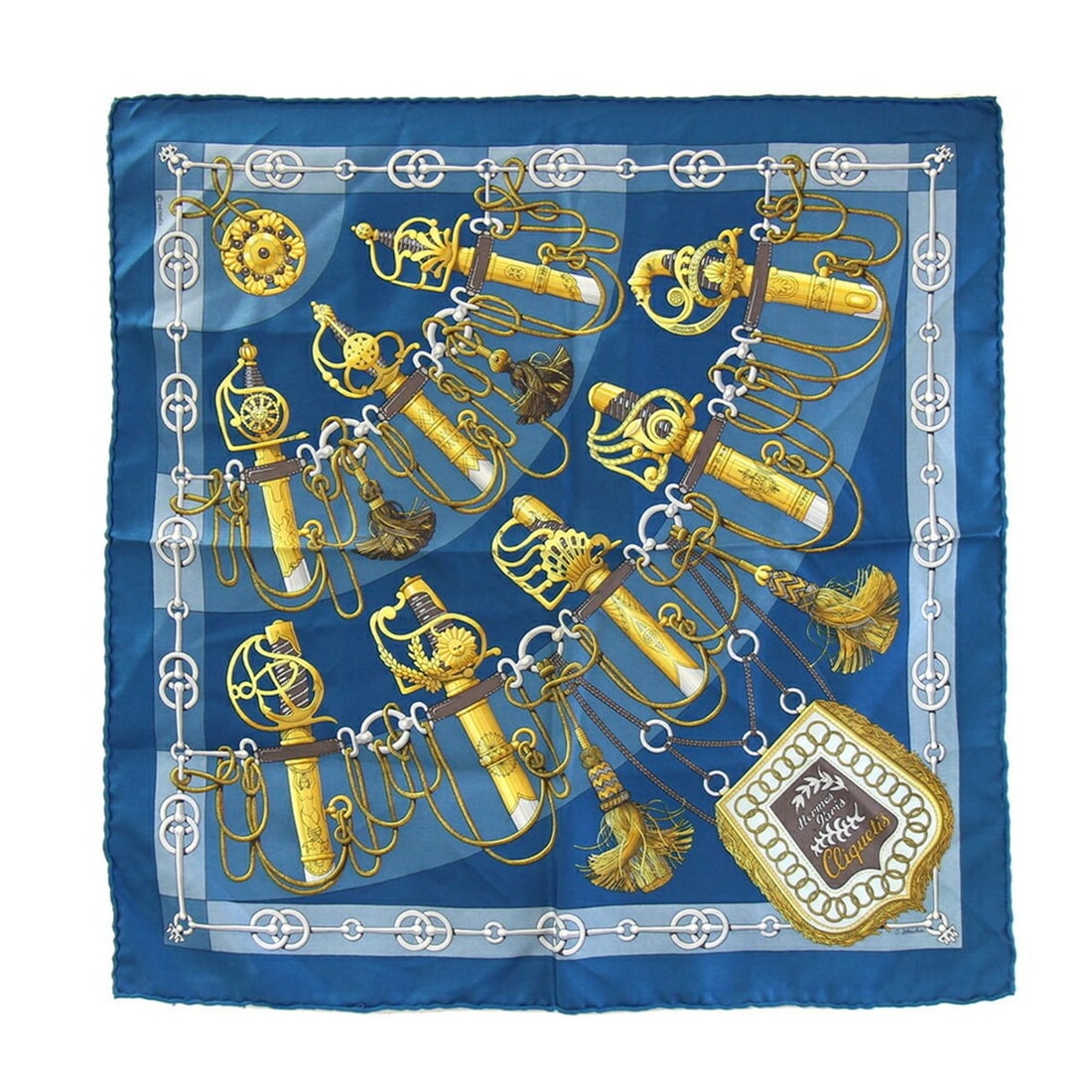 Hermes scarf/muffler, Carre 42 Cliquetis, blue, 100% silk, Petit Carre, women's.: --- Catalog ---Category: SizeSize (LxW): 41cm x 41cm / 16.14'' x 16.14''Category: DesignType: ScarfColor: BlueGender: WomenMaterial: Silk Category: GeneralBrand: HermesCountry of Origin: France--- Ite