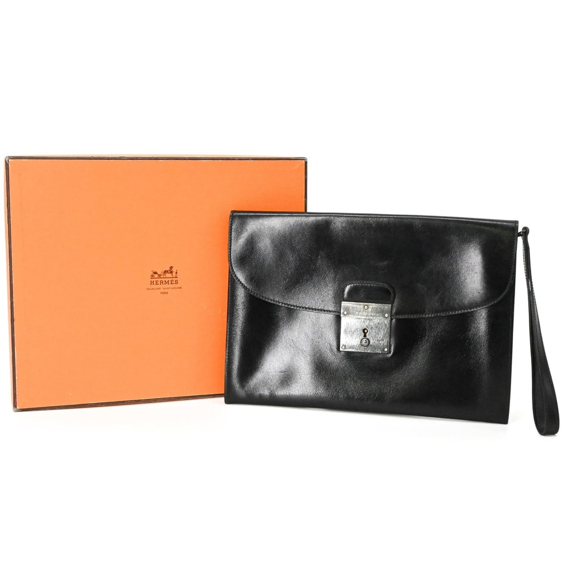 HERMES Hermes Kilius Second Bag Clutch Black Leather ?Q Stamp: --- Catalog ---Category: SizeSize (HxWxD): 18cm x 25.5cm x 2.5cm / 7.08'' x 10.03'' x 0.98''Category: DesignType: Clutch bagColor: BlackGender: MenMaterial: Box calf leather Hardware Color: