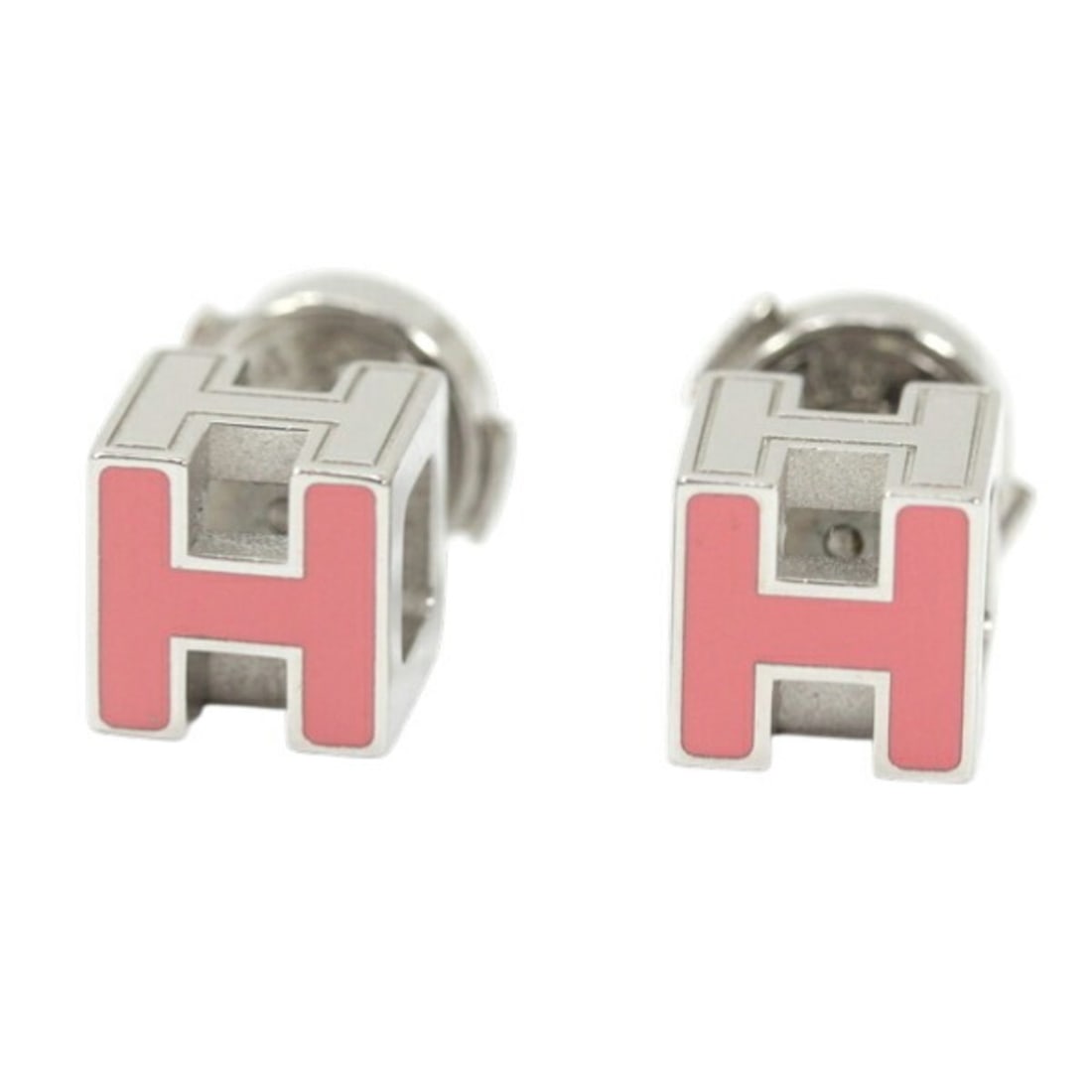 Hermes H Cube Mini Earrings, Pink Silver Lacquer, HERMES, Women's, KM2847: --- Catalog ---Category: DesignType: Stud earringsGender: WomenMaterial: Lacquer, MetalCategory: GeneralBrand: Hermes--- Item List ---Section: ConditionRanking: Rank A Used - A few traces of usage, so