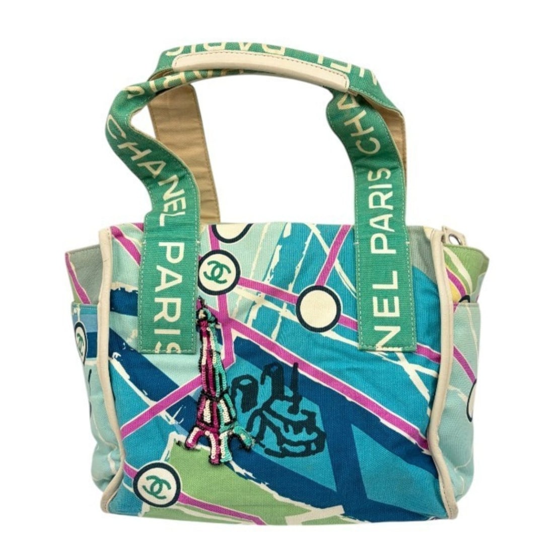 CHANEL Eiffel Tower Handbag W1: --- Catalog ---Category: SizeSize (HxWxD): 20cm x 24cm x 8cm / 7.87'' x 9.44'' x 3.14''Category: DesignType: HandbagColor: Blue greenGender: WomenMaterial: Canvas , Leather Category: GeneralBrand: Cha