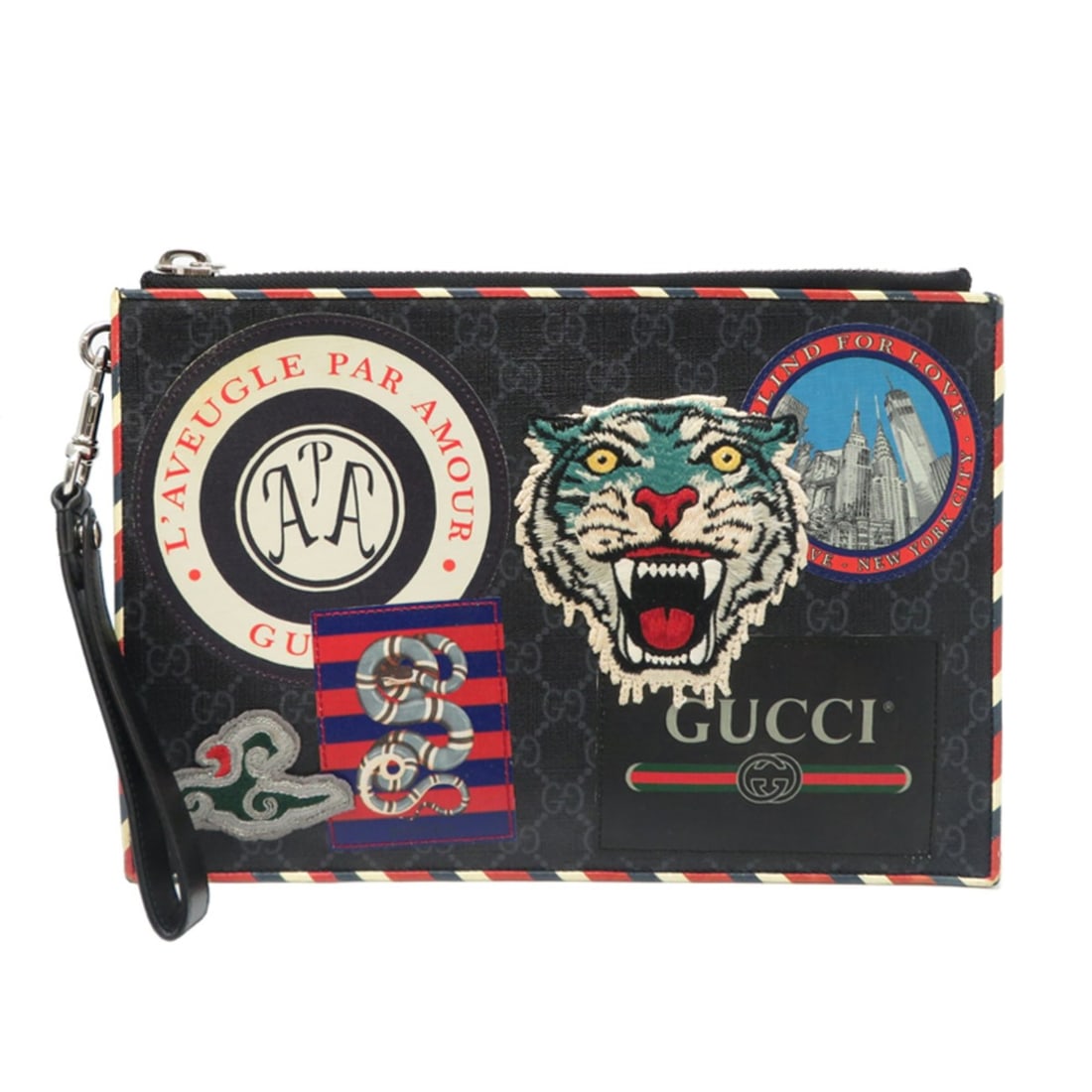 Gucci Patches Clutch Bag, Women's/Men's Second 496346, GG Supreme, Black: --- Catalog ---Category: SizeSize (HxWxD): 20.5cm x 30.5cm x 5.00mm / 8.07'' x 12'' x 0.19''Category: DesignType: Clutch bagColor: BlackGender: Men,WomenMaterial: GG Supreme , Leather , PVC Category: