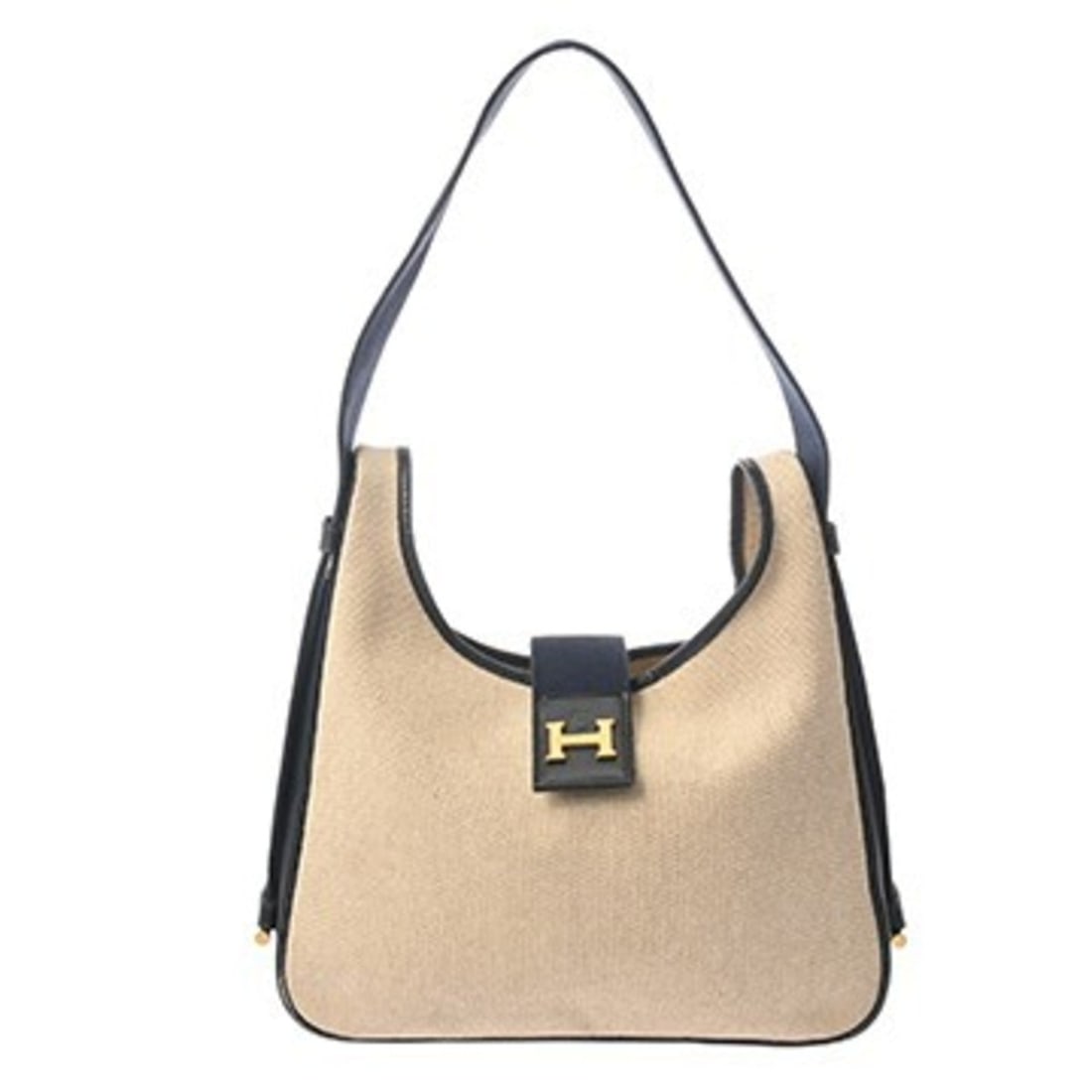 HERMES Saco One Shoulder Bag, Beige/Navy, ?J stamp (circa 1980), Men's/Women's, Toile H Leather, B: --- Catalog ---Category: SizeSize (HxWxD): 22cm x 31cm x 9cm / 8.66'' x 12.2'' x 3.54''Category: DesignType: Shoulder bagColor: Beige, NavyGender: Men,WomenMaterial: Toile H , Leather Hardware Color: