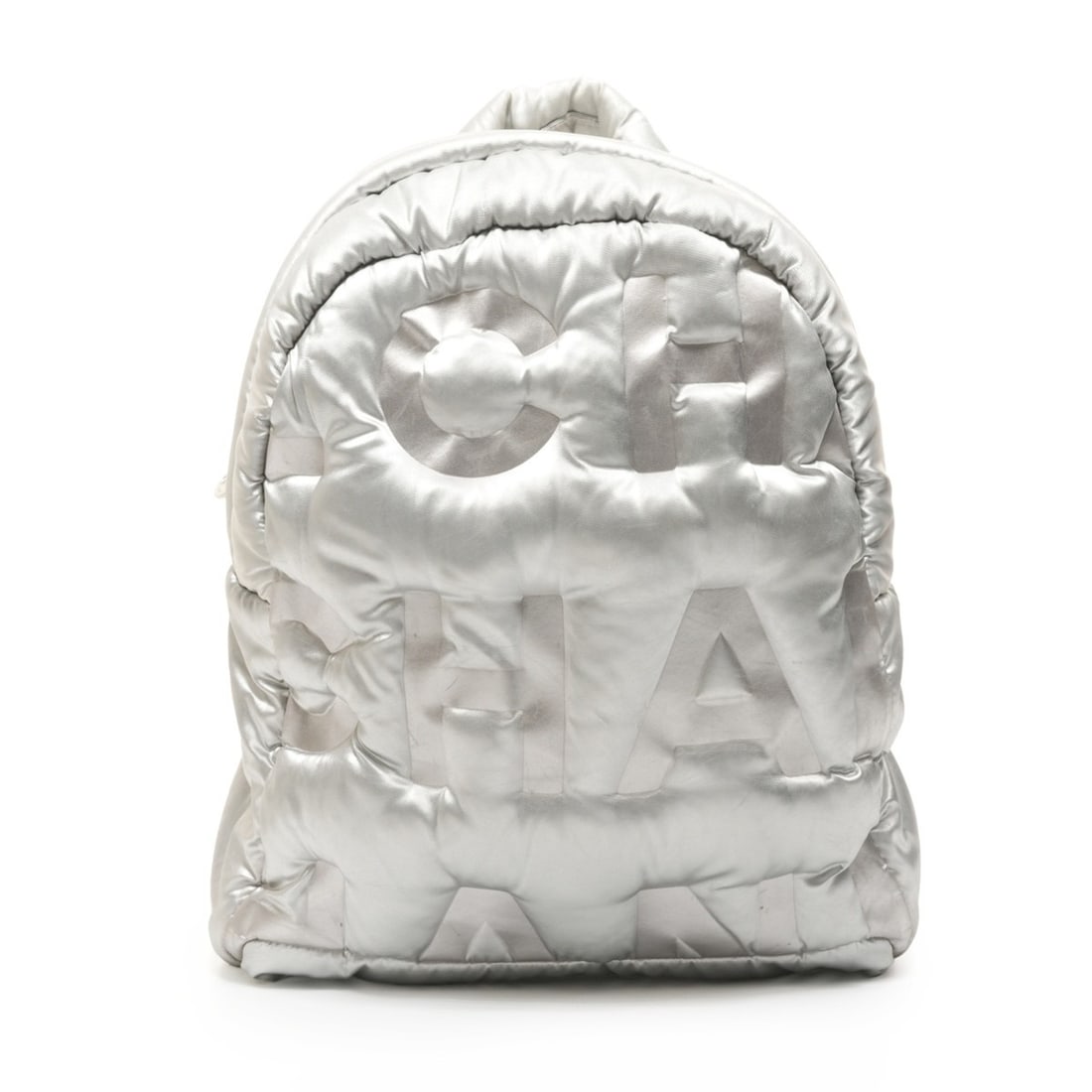 CHANEL Logo Padded Backpack/Daypack, Silver, WS26103: --- Catalog ---Category: SizeSize (HxWxD): 36cm x 30cm x 14cm / 14.17'' x 11.81'' x 5.51''Category: DesignType: BackpackColor: SilverGender: WomenCategory: GeneralBrand: ChanelCountry of Origin: Franc