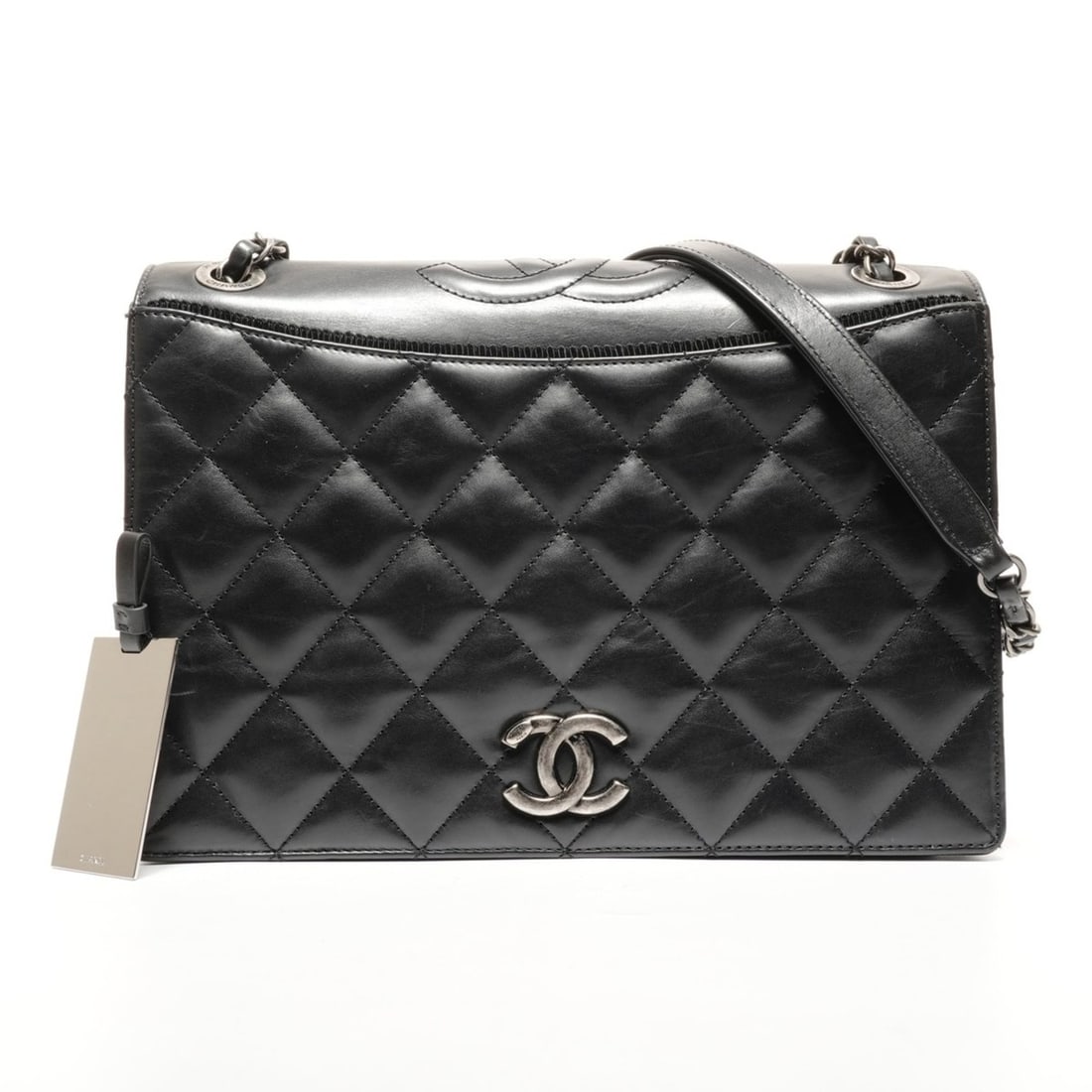 CHANEL Matelasse Large Coco Mark Gunmetal Shoulder Bag in Black WS27308: --- Catalog ---Category: SizeSize (HxWxD): 20cm x 27cm x 7cm / 7.87'' x 10.62'' x 2.75''Category: DesignType: Shoulder bagColor: BlackGender: WomenCategory: GeneralBrand: ChanelCountry of Origin:
