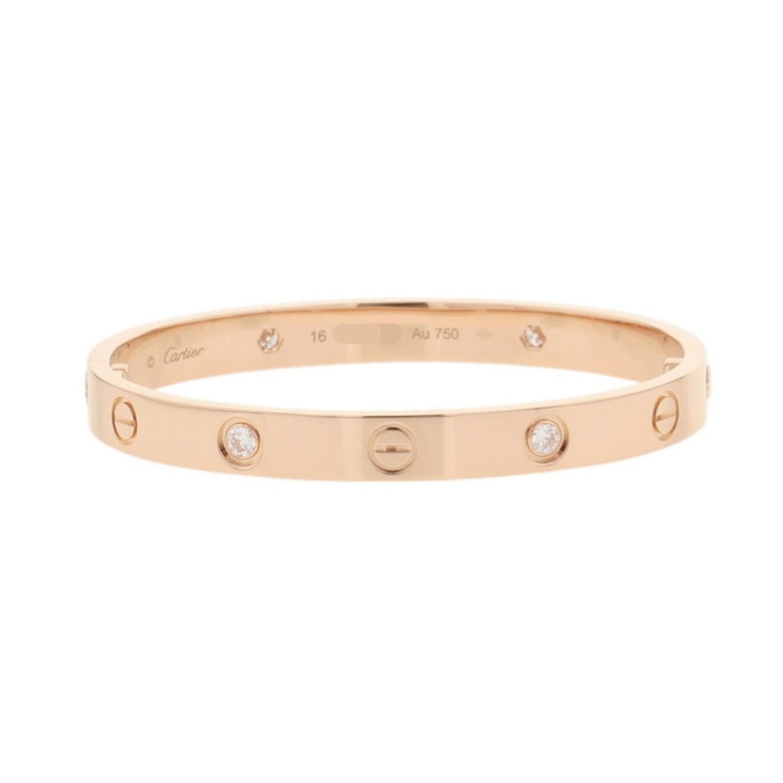 Cartier Love Bracelet Classic with 4 Diamonds (0.42ct total) in 18K Pink Gold, Size 16 (B6069916).: --- Catalog ---Category: SizeWidth: 6.1mm / 0.24''Length: 17cm / 6.69''Category: DesignType: Charm braceletColor: GoldGender: WomenMaterial: Pink gold (18K)Category: GeneralMPN: B6069916Brand: Cartier