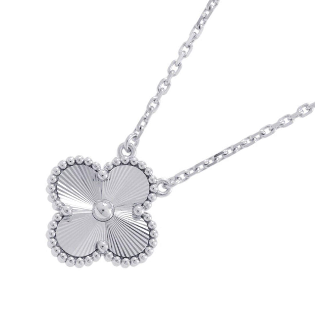 Van Cleef & Arpels Alhambra Pendant Necklace, Guilloche, 18K White Gold (VCARP9XG00): --- Catalog ---Category: SizePendant Size: 14.9mm x 14.9mm / 0.58'' x 0.58''Neck Circumference: 41 cm - 46 cm / 16.14'' - 18.11''Category: DesignColor: SilverGender: WomenMaterial: White gold