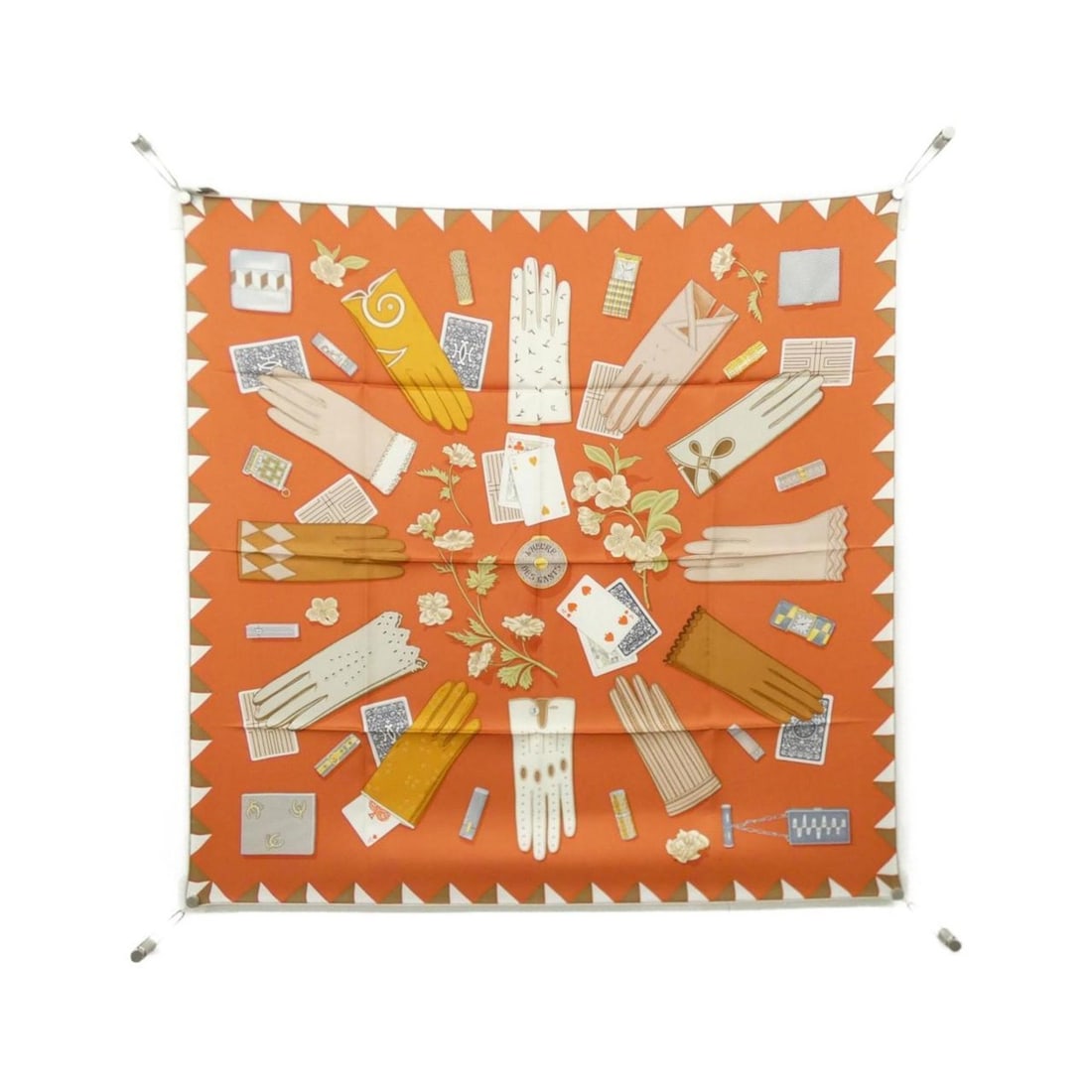 Hermes L'HEURE DES GANTS Carre 004211S Scarf/Muffler: --- Catalog ---Category: SizeSize (LxW): 90cm x 90cm / 35.43'' x 35.43''Category: DesignType: ScarfColor: OrangeGender: WomenMaterial: Silk Category: GeneralMPN: 004211SBrand: Hermes--- Item List ---S