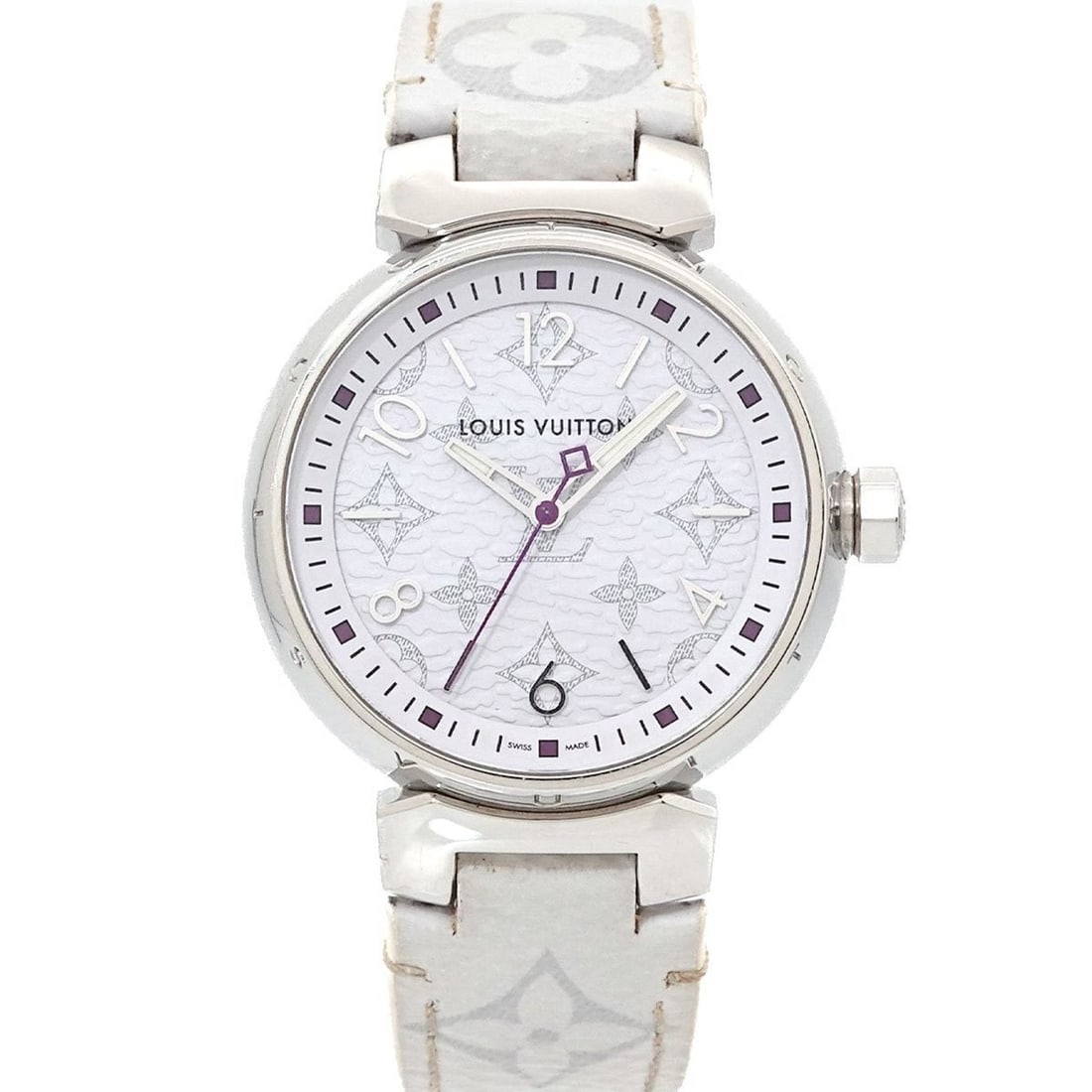 Louis Vuitton Tambour MM Monogram White QA116 Women's Watch Quartz: --- Catalog ---Category: SizeWrist Size: 13cm - 17cm / 5.11'' - 6.69''Case Diameter: 34mm / 1.34''Category: DesignType: WristwatchGender: WomenColor (Dial): WhiteMaterial (Band): LeatherMaterial (Case