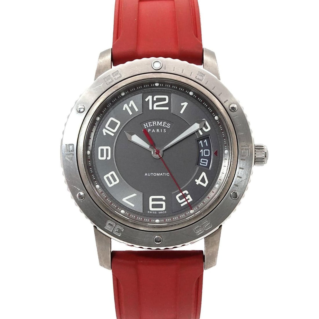 Hermes Clipper Sport Auto TGM CP2 741 Men's Watch, Date, Gray, Automatic Movement: --- Catalog ---Category: SizeWrist Size: 16cm - 19.5cm / 6.29'' - 7.67''Case Diameter: 41mm / 1.61''Category: DesignType: WristwatchGender: MenColor (Dial): GrayMaterial (Band): RubberMaterial (Case):