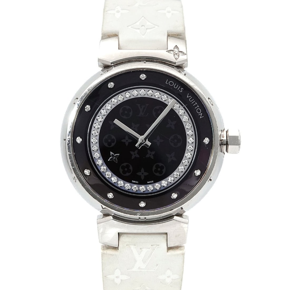 Louis Vuitton Tambour Disc Amarante Diamant MM Q1319 Women's Watch Diamond Quartz: --- Catalog ---Category: SizeWrist Size: 13cm - 16.5cm / 5.11'' - 6.49''Case Diameter: 34mm / 1.34''Category: DesignType: WristwatchGender: WomenColor (Dial): BlackMaterial (Band): RubberMaterial (Cas