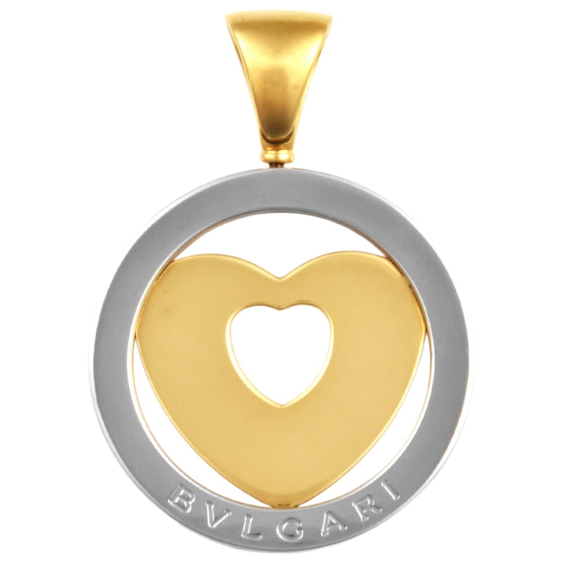 Bulgari BVLGARI Tondo Heart Pendant Top YG x SSg 18K: --- Catalog ---Category: SizePendant Size: 32mm x 32mm / 1.25'' x 1.25''Category: DesignGender: WomenMaterial: Stainless steel, Yellow goldNecklace Type: PendantCategory: GeneralBrand: Bvlgari--- Item