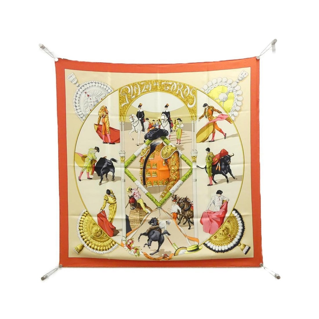 Hermes PLAZA DE TOROS Carre Scarf Muffler: --- Catalog ---Category: SizeSize (LxW): 90cm x 90cm / 35.43'' x 35.43''Category: DesignType: ScarfColor: BeigeGender: WomenMaterial: Silk Category: GeneralBrand: Hermes--- Item List ---Section: Condi