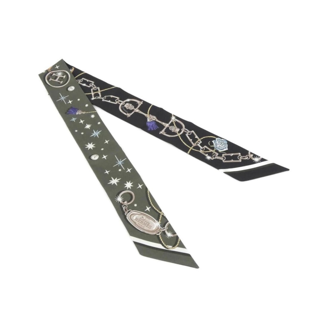 Hermes C'EST LA FETE Twilly 062743S Scarf Muffler: --- Catalog ---Category: SizeSize (LxW): 5cm x 86cm / 1.96'' x 33.85''Category: DesignType: ScarfColor: Dark green, WhiteGender: Men,WomenMaterial: Silk Category: GeneralMPN: 062743SBrand: Hermes--- I