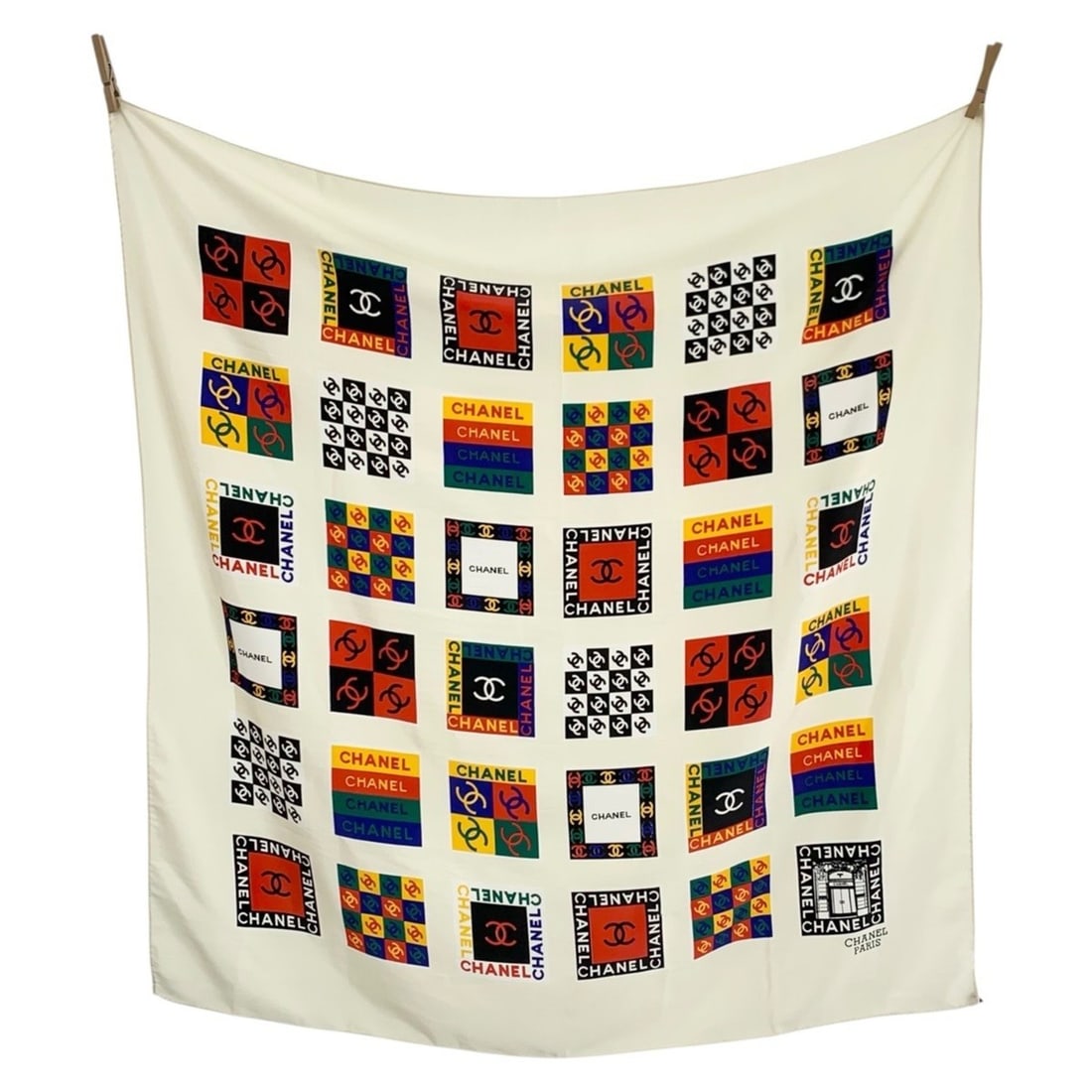 CHANEL Vintage Coco Mark Multicolor Silk Scarf/Muffler: --- Catalog ---Category: SizeSize (LxW): 84cm x 87cm / 33.07'' x 34.25''Category: DesignType: ScarfColor: Multi-colorGender: WomenMaterial: Silk Category: GeneralBrand: ChanelCountry of Origin: France