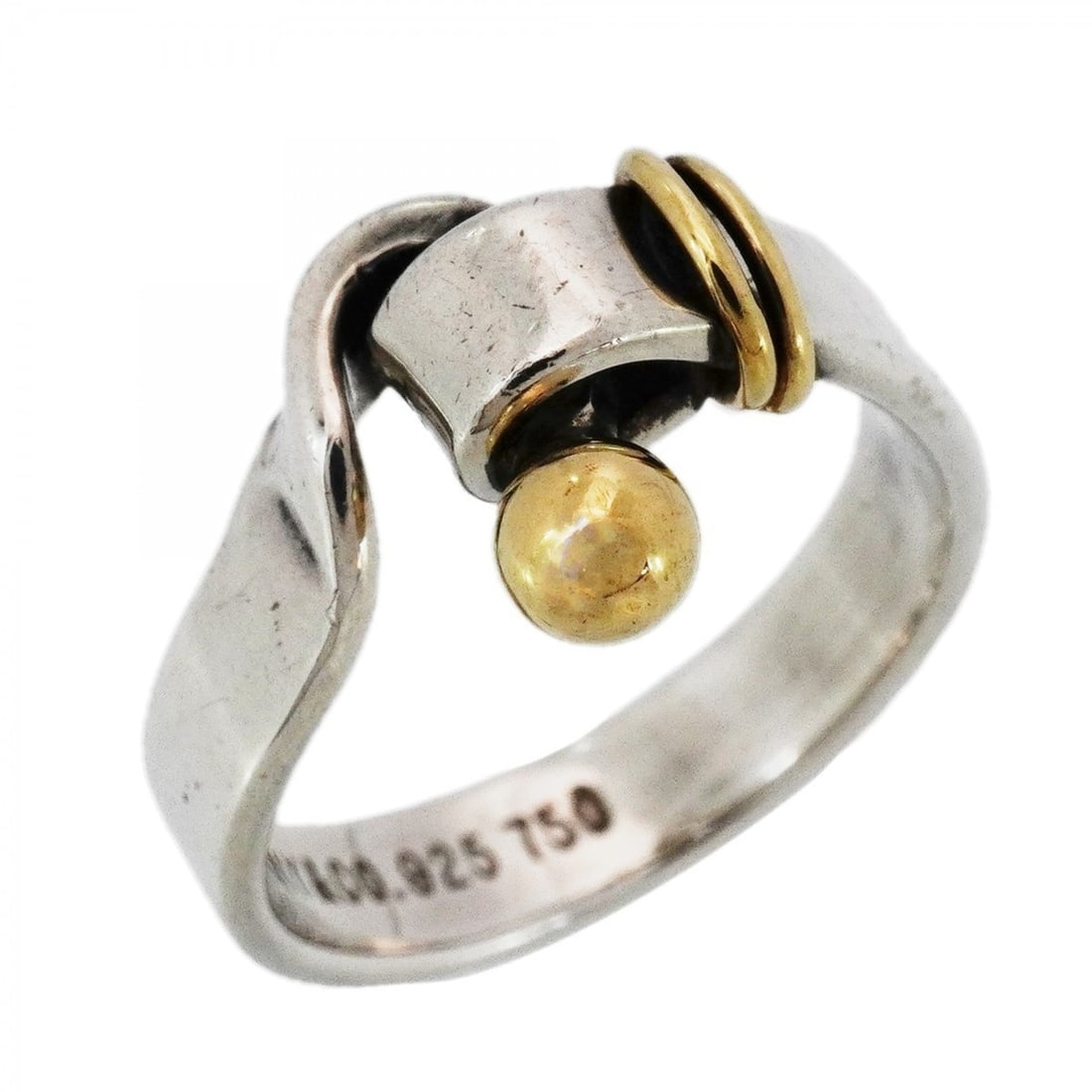 Tiffany & Co. Hook Eye Ring, 18K Yellow Gold (KYG), Sterling Silver 925, Size 11.5 (Women's): --- Catalog ---Category: SizeJP Size: 11.5US Size: 6Category: DesignType: Band ringGender: WomenMaterial: Silver 925, Yellow gold (18K)Category: GeneralBrand: Tiffany--- Item List ---Section: Conditio