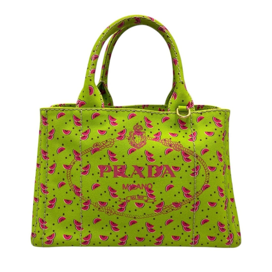 Prada handbag, Canapa, watermelon design, 1BG439, canvas, light green, women's.: --- Catalog ---Category: SizeSize (HxWxD): 18.5cm x 28cm x 14cm / 7.28'' x 11.02'' x 5.51''Category: DesignType: HandbagColor: Light greenGender: WomenMaterial: Canapa Category: GeneralMPN: 1BG439Bran