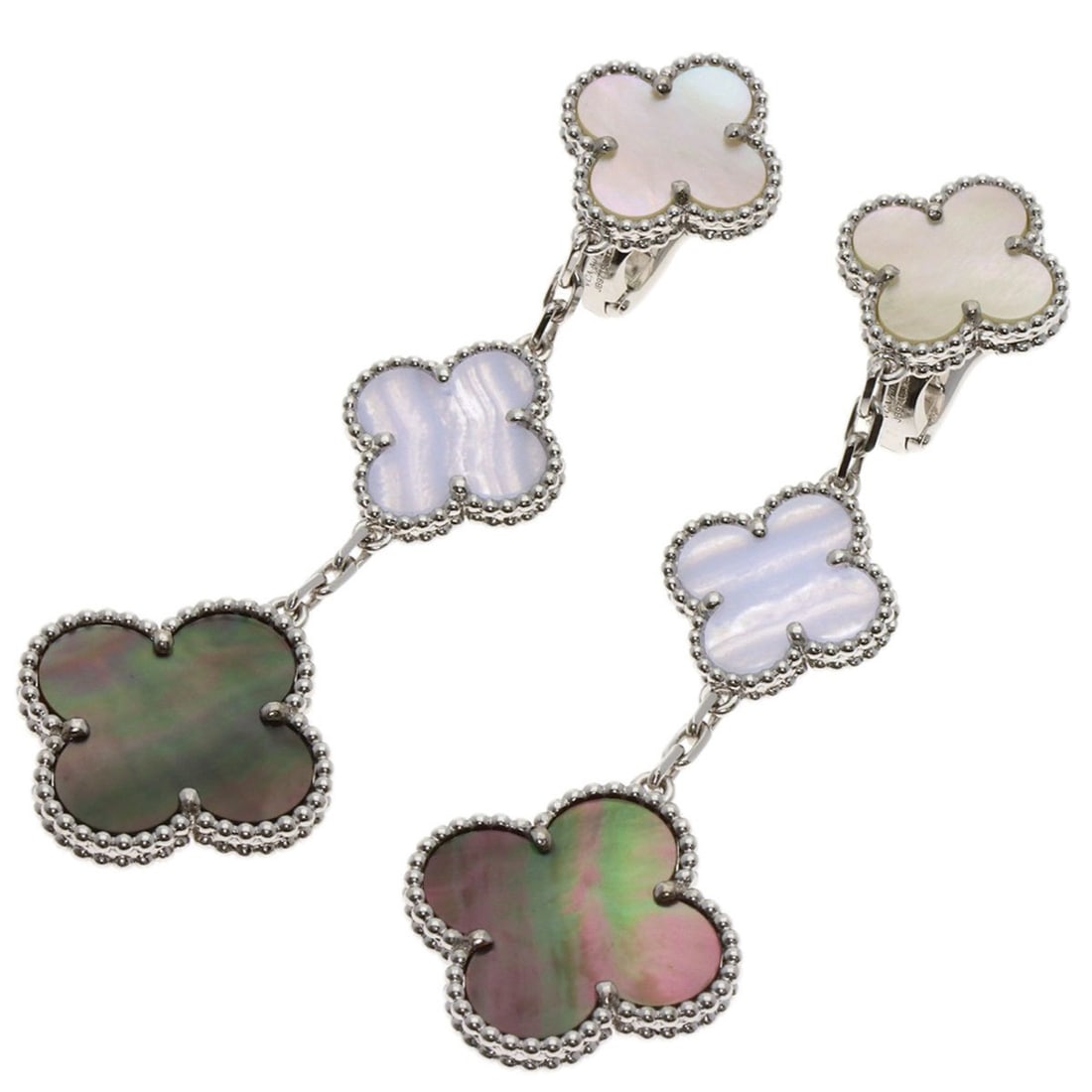 Van Cleef & Arpels Magic Alhambra 3 Motif Chalcedony and Shell Earrings in 18K White Gold for Women.: --- Catalog ---Category: SizeSize (HxWxD): 68.60mm x 20.60mm x 2.70mm / 2.70'' x 0.81'' x 0.11''Category: DesignType: Drop earringsColor: WhiteGender: WomenMaterial: White gold (18K)Category: GeneralB