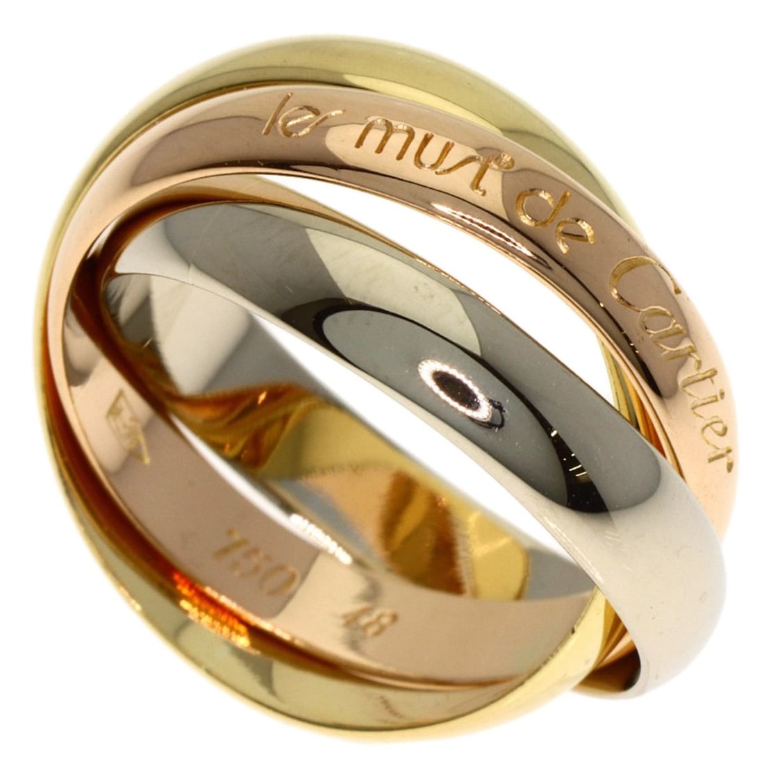 Cartier Trinity #48 Ring, 18K Yellow Gold/18KPG/18KWG, Women's: --- Catalog ---Category: SizeWidth: 3.3mm / 0.13''Weight: 6g / 0.21oz.JP Size: 8US Size: 4.5Category: DesignType: Band ringGender: WomenMaterial: Pink gold (18K), White gold (18K), Yellow gold (18K)Ca
