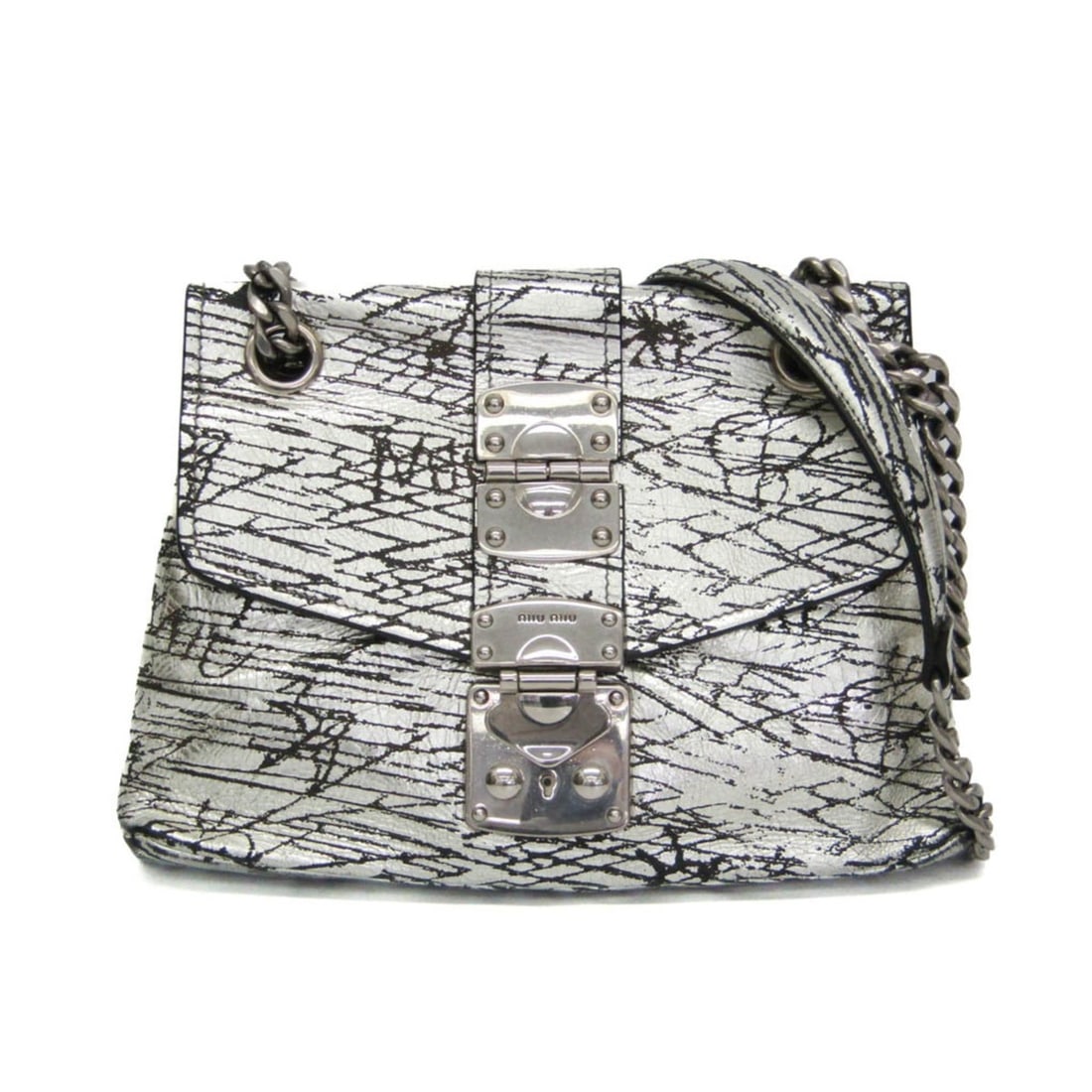 Miu Miu Chain Shoulder Bag Women's Leather Shoulder Bag Silver: --- Catalog ---Category: SizeSize (HxWxD): 17cm x 25cm x 10.5cm / 6.69'' x 9.84'' x 4.13''Strap Length: 70cm - 127cm / 27.55'' - 49.99''Category: DesignType: Shoulder bagColor: SilverGender: WomenClos