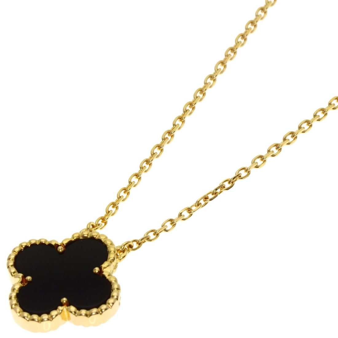 Van Cleef & Arpels Vintage Alhambra Onyx Necklace in 18K Yellow Gold for Women.: --- Catalog ---Category: SizeWidth: 1mm / 0.04''Weight: 4.9g / 0.17oz.Pendant Size: 14.9mm x 14.8mm / 0.58'' x 0.58''Neck Circumference: 38 cm / 14.96''Category: DesignStone: OnyxGender: WomenSeason: