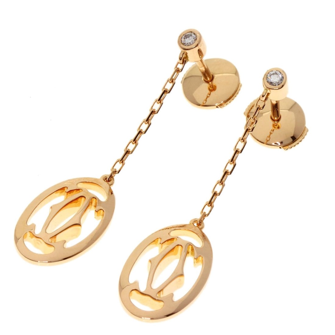 Cartier Logo Double C Diamond Earrings in 18K Pink Gold for Women: --- Catalog ---Category: SizeWeight: 4.8g / 0.16oz.Size (HxWxD): 35.50mm x 9.20mm x 3.00mm / 1.40'' x 0.36'' x 0.12''Category: DesignType: Drop earringsStone: DiamondGender: WomenMaterial: Pink gold (
