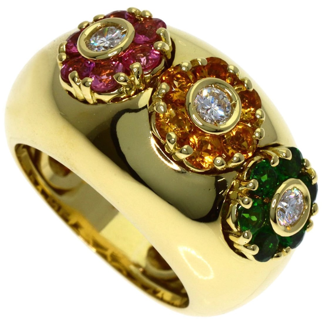 Ponte Vecchio Flower Motif Diamond and Multicolor Stone Ring in 18K Yellow Gold for Women: --- Catalog ---Category: SizeWeight: 17.8g / 0.62oz.JP Size: 11US Size: 6Category: DesignType: Band ringStone: Color stone, DiamondGender: WomenMaterial: Yellow gold (18K)Category: GeneralBrand: Ponte