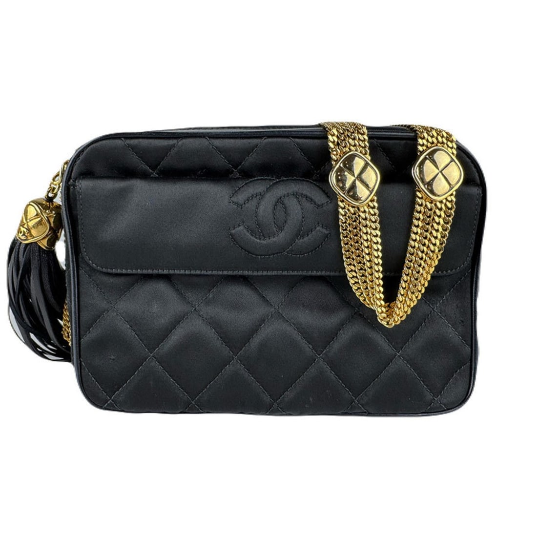 CHANEL Shoulder Bag Satin Leather Black Gold Women's Free Shipping z8933 (1 of 13)