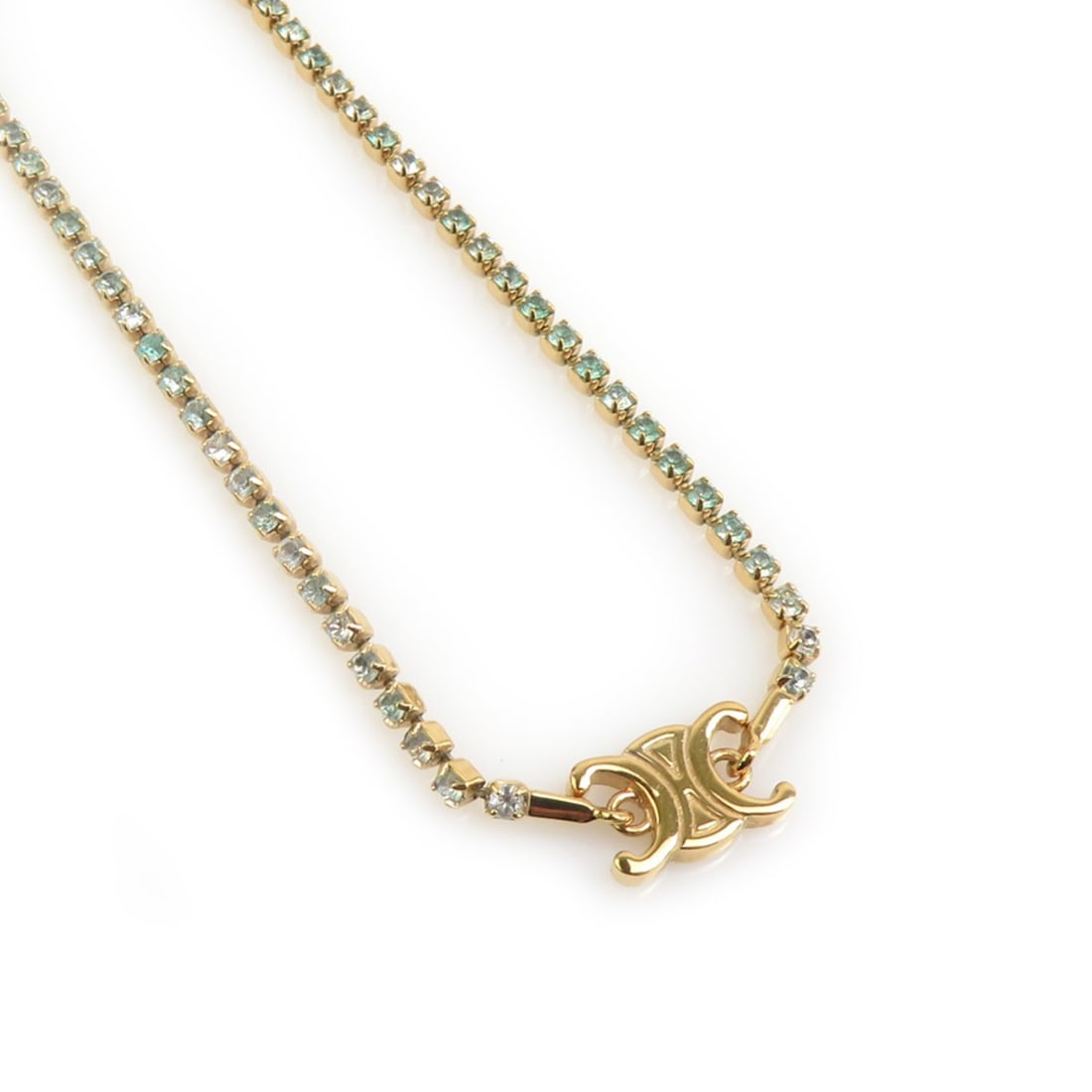 Celine Triomphe Necklace in Metal with Rhinestones Gold and Light Blue, Women's, Free Shipping, (1 of 15)